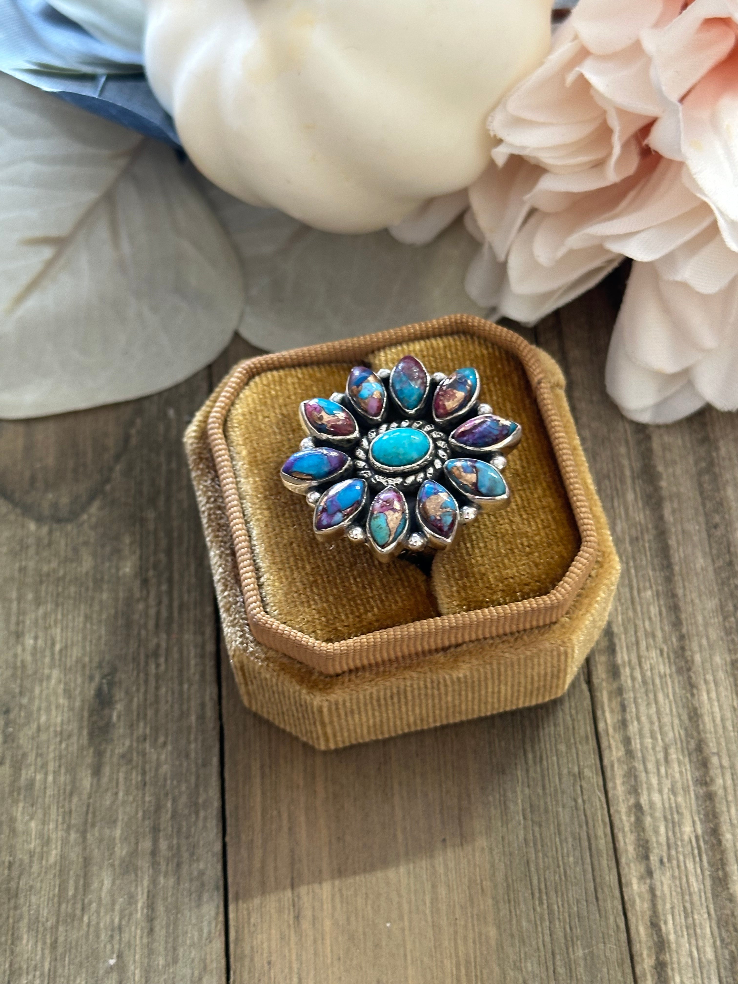 Southwest Handmade Mohave Turquoise & Sterling Silver Adjustable Cluster Ring