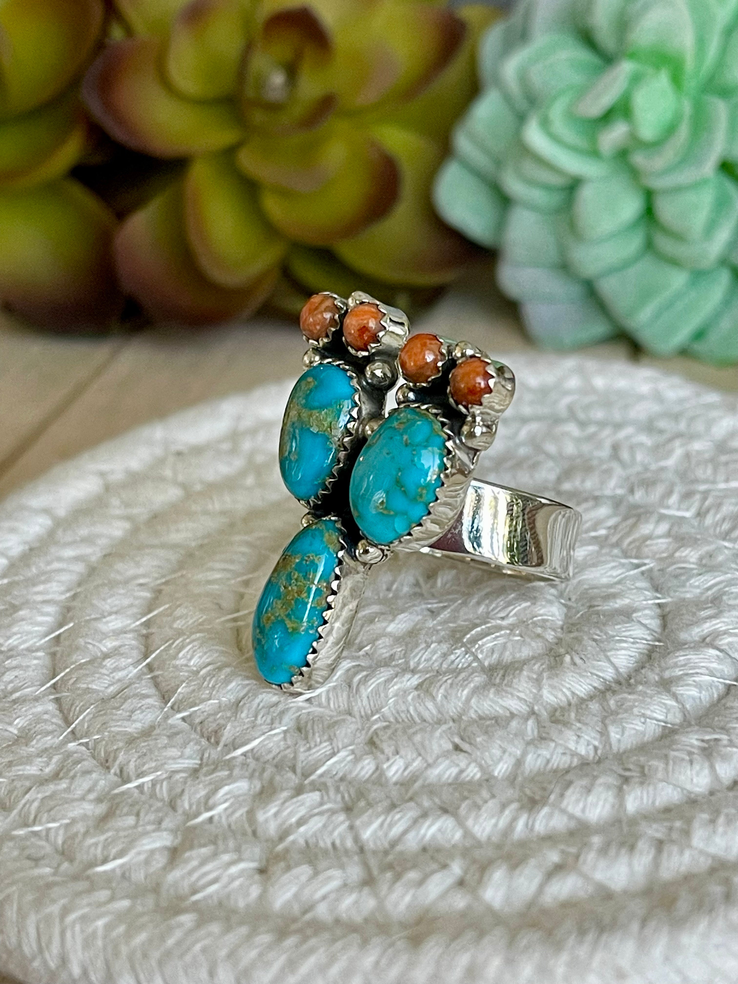 Southwest Handmade Sonoran Mountain Turquoise & Sterling Silver Adjustable Prickly Pear Ring