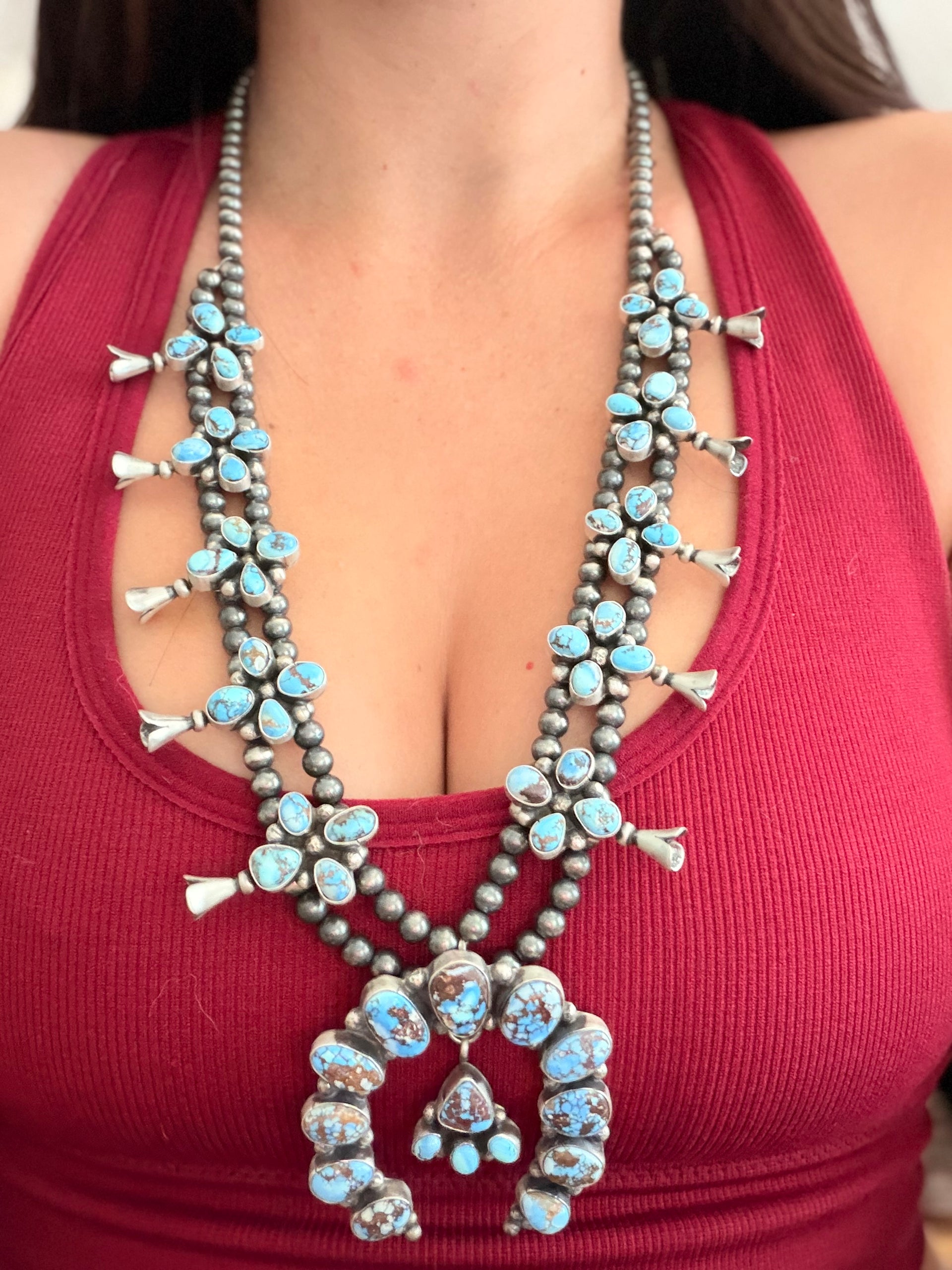 Travis Jim Golden Hills Turquoise & Sterling Silver Cluster Squash Blossom Necklace Set