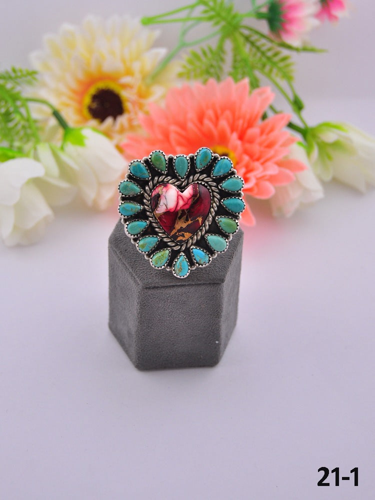Southwest Made Rose Dahlia & Sterling Sliver Cluster Adjustable Ring