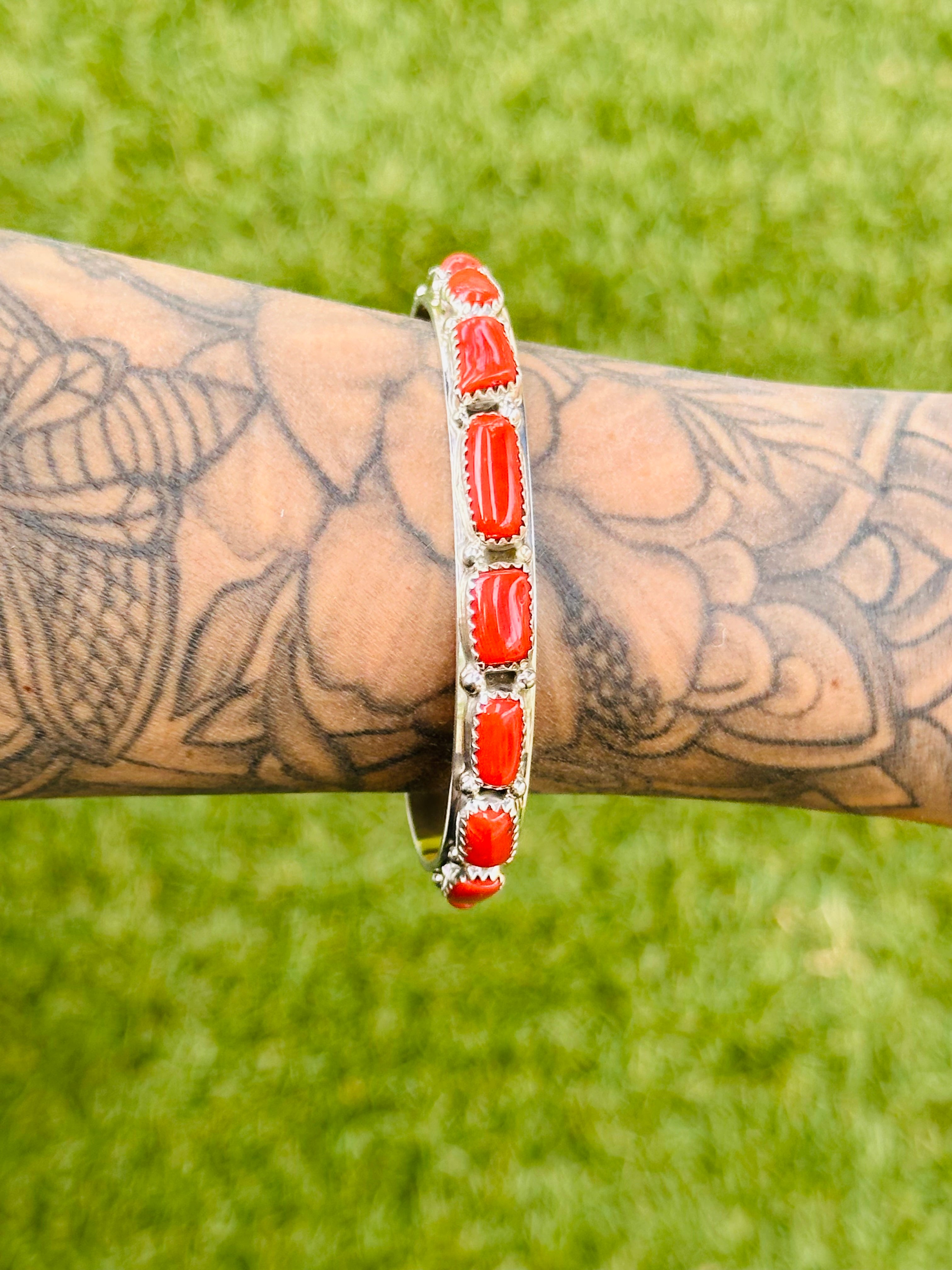 Annie Spencer Red Coral & Sterling Silver Cuff Bracelet