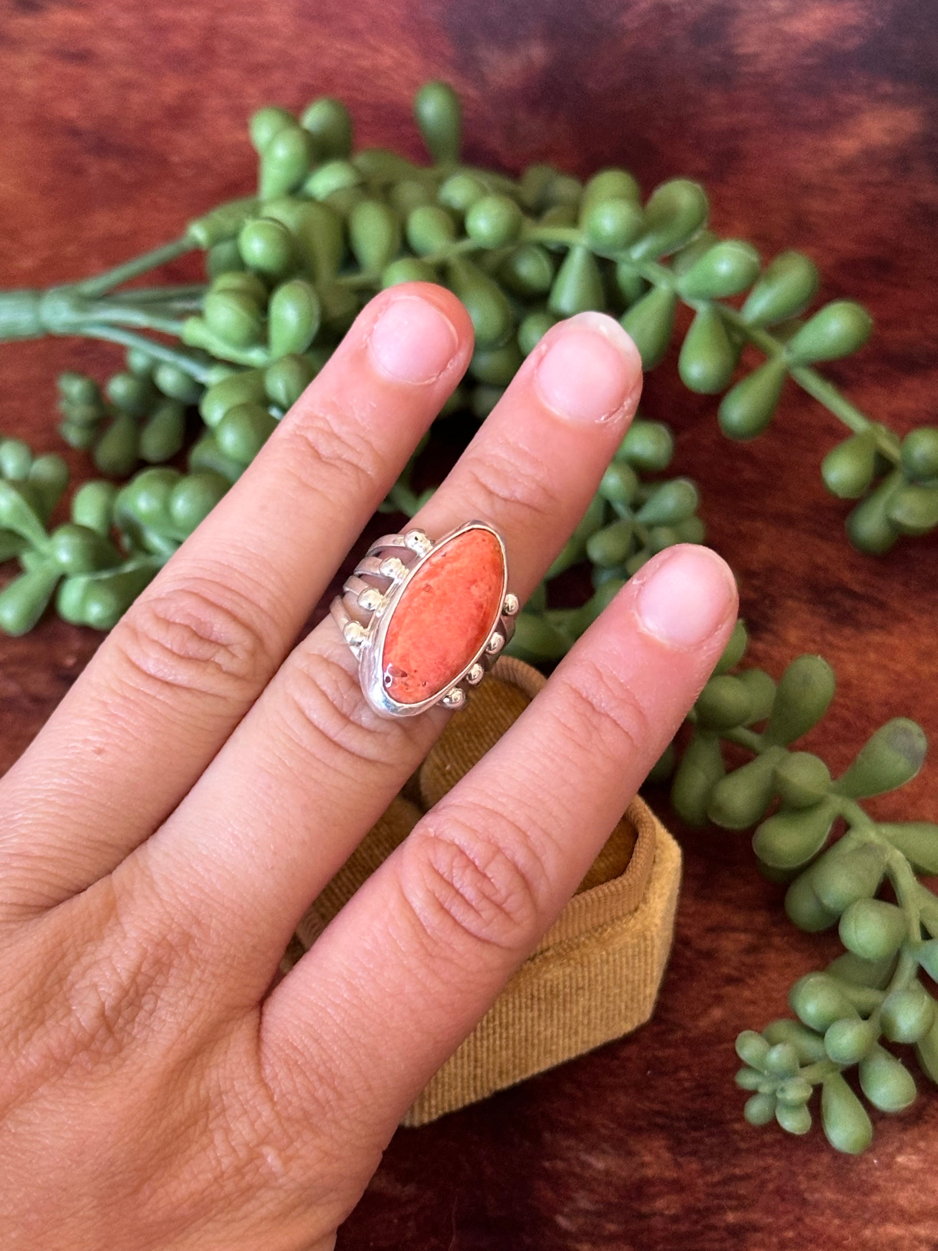 Navajo Made Spiny Oyster & Sterling Silver Ring Size 5.75