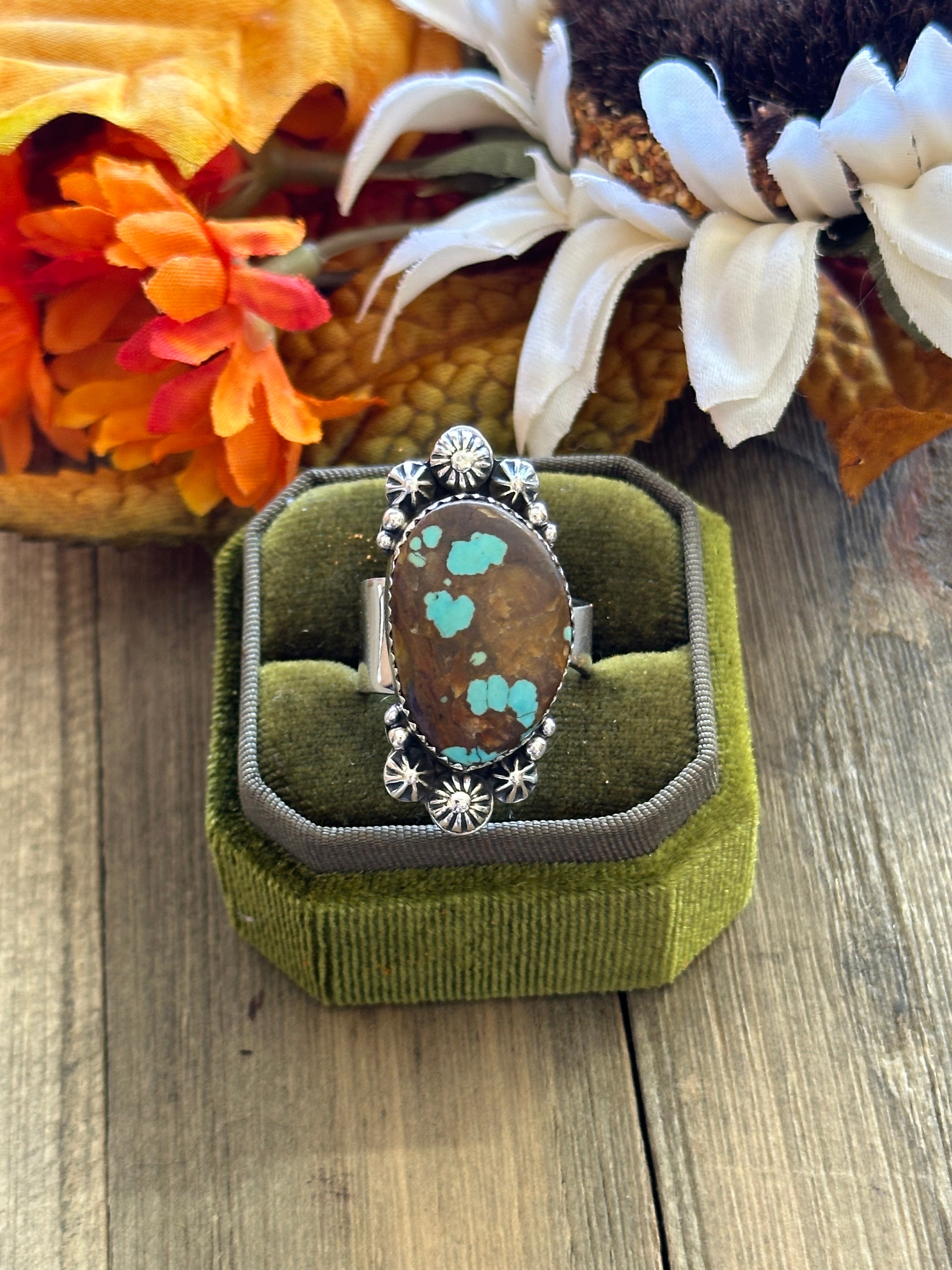 Southwest Handmade #8 Turquoise & Sterling Silver Adjustable Ring