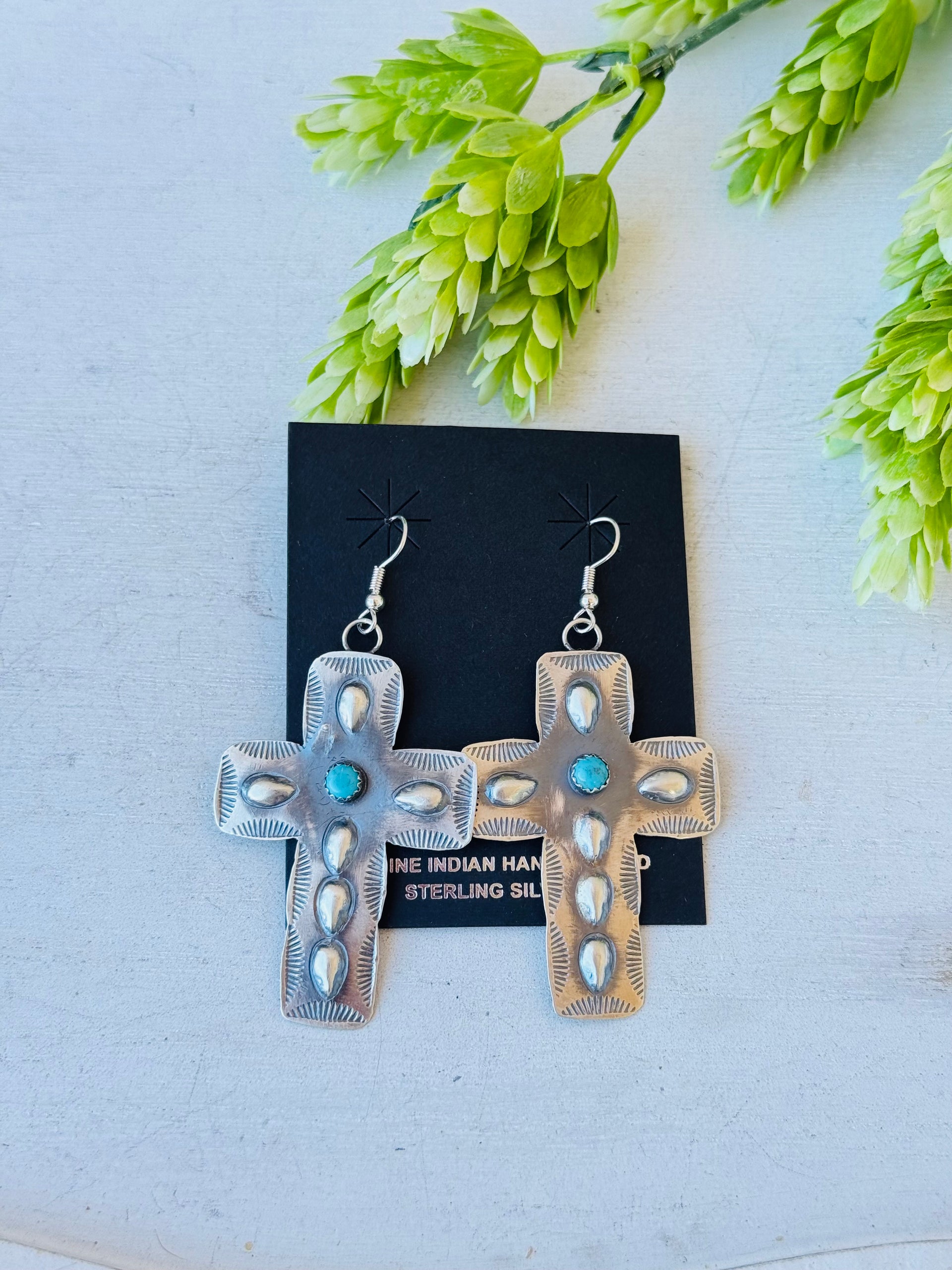Tim Yazzie Kingman Turquoise & Sterling Silver Dangle Cross Earrings