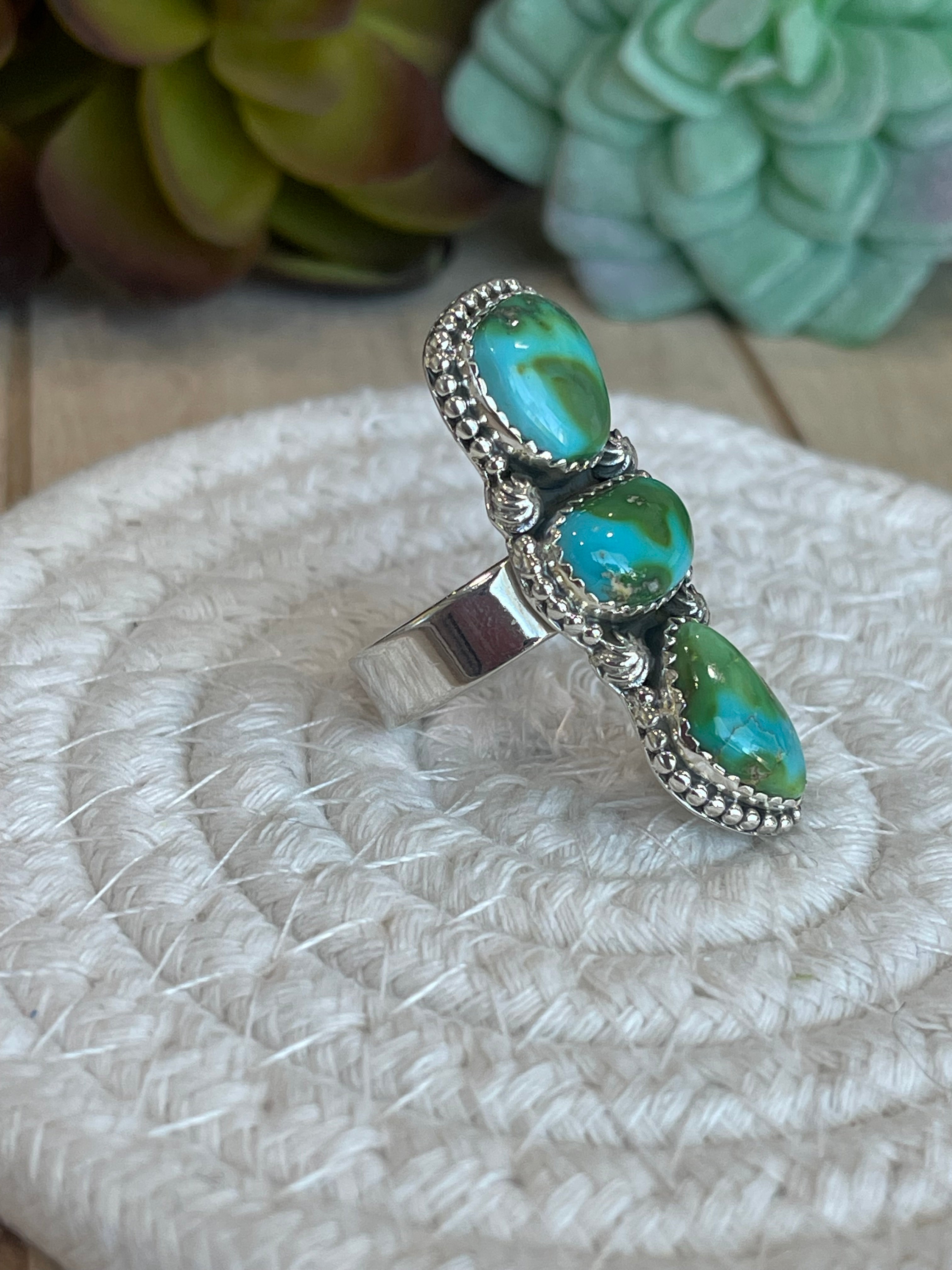 Southwest Handmade Sonoran Mountain Turquoise & Sterling Silver Adjustable 3 Srone Ring