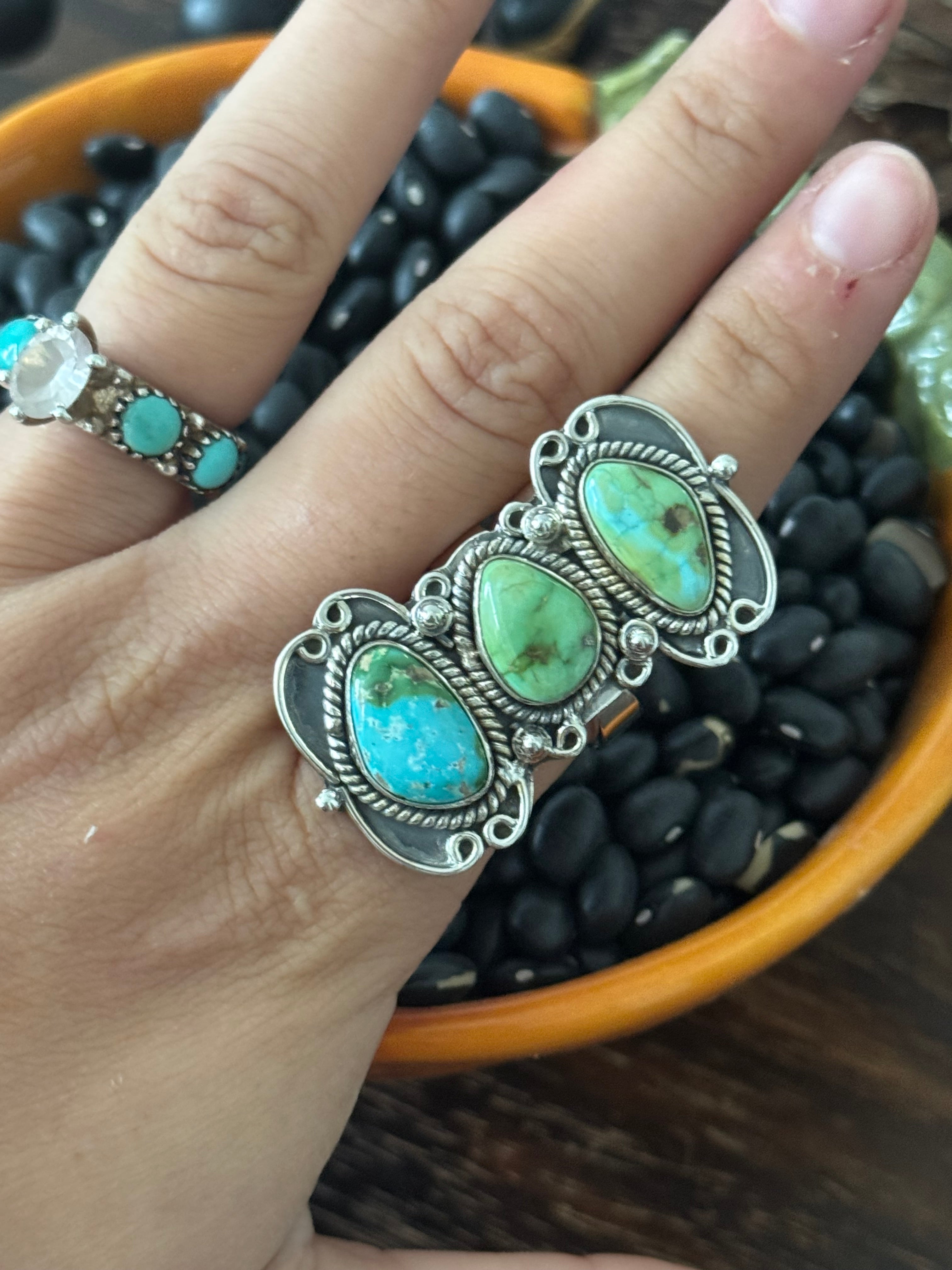 Southwest Handmade Sonoran Mountain Turquoise & Sterling Silver Adjustable 3 Stone Ring