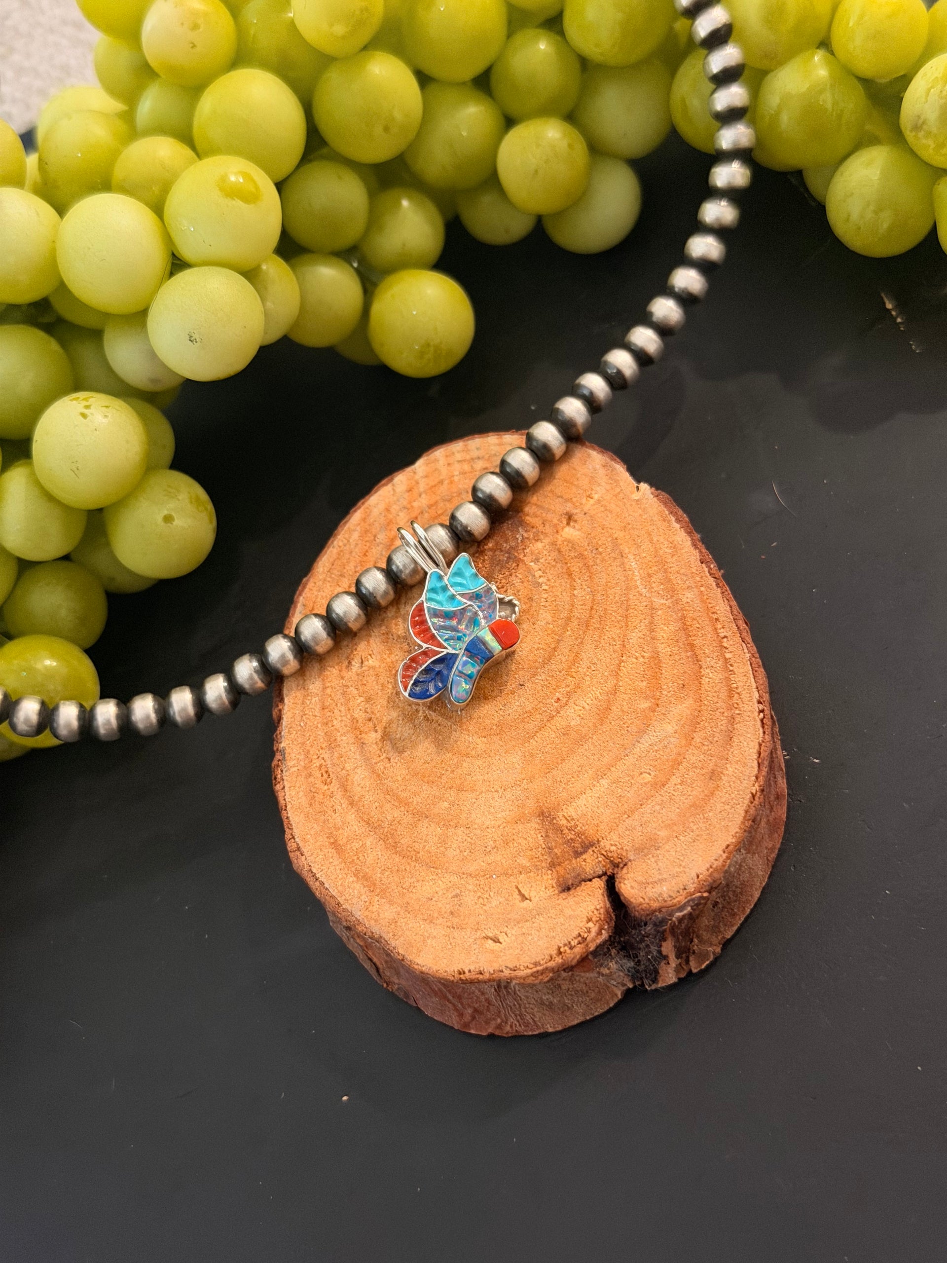 Zuni Made Multi Stone & Sterling Silver Inlay Butterfly Pendant