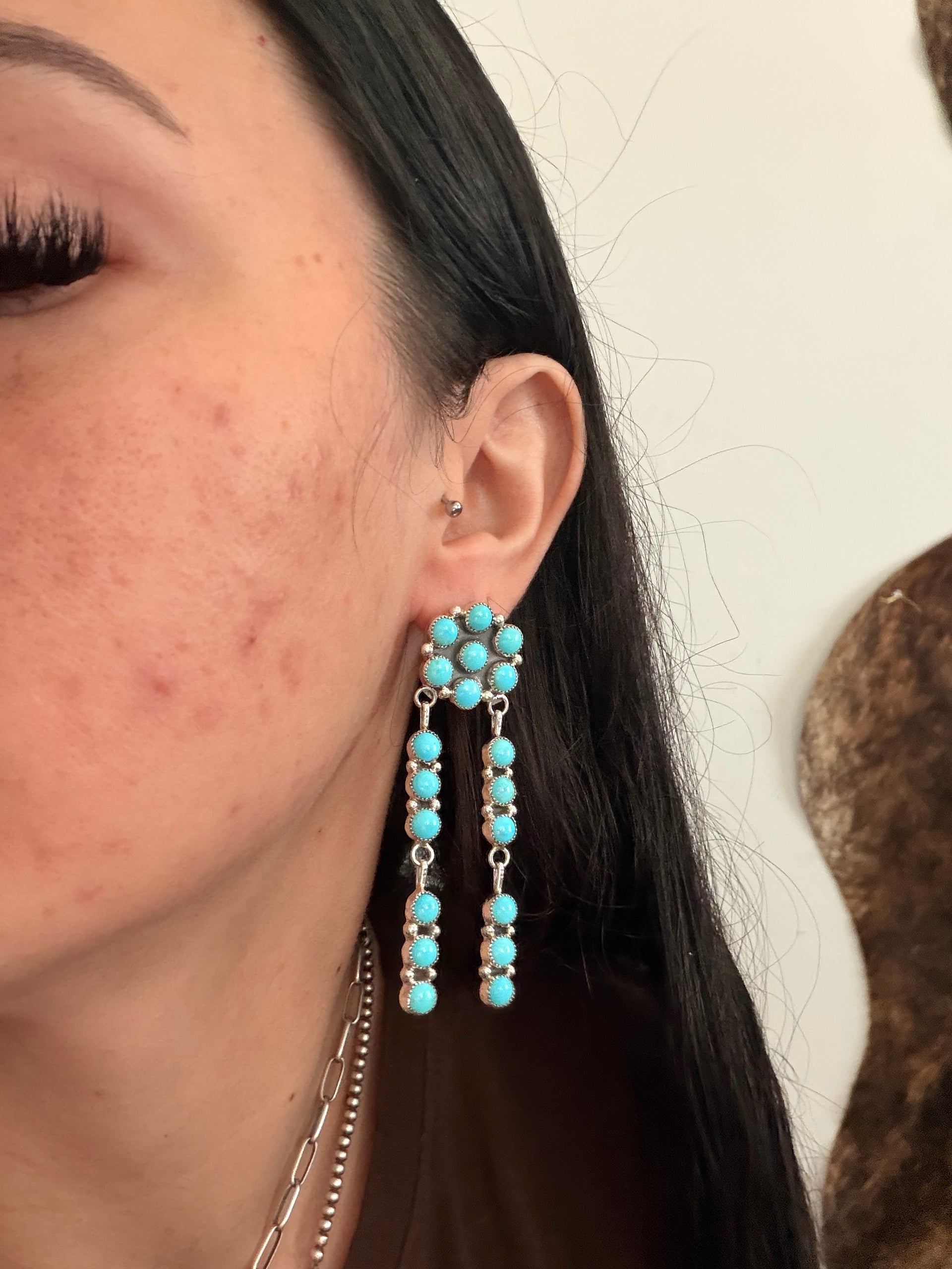 Navajo Made Sleeping Beauty Turquoise & Sterling Silver Post Dangle Cluster Earrings