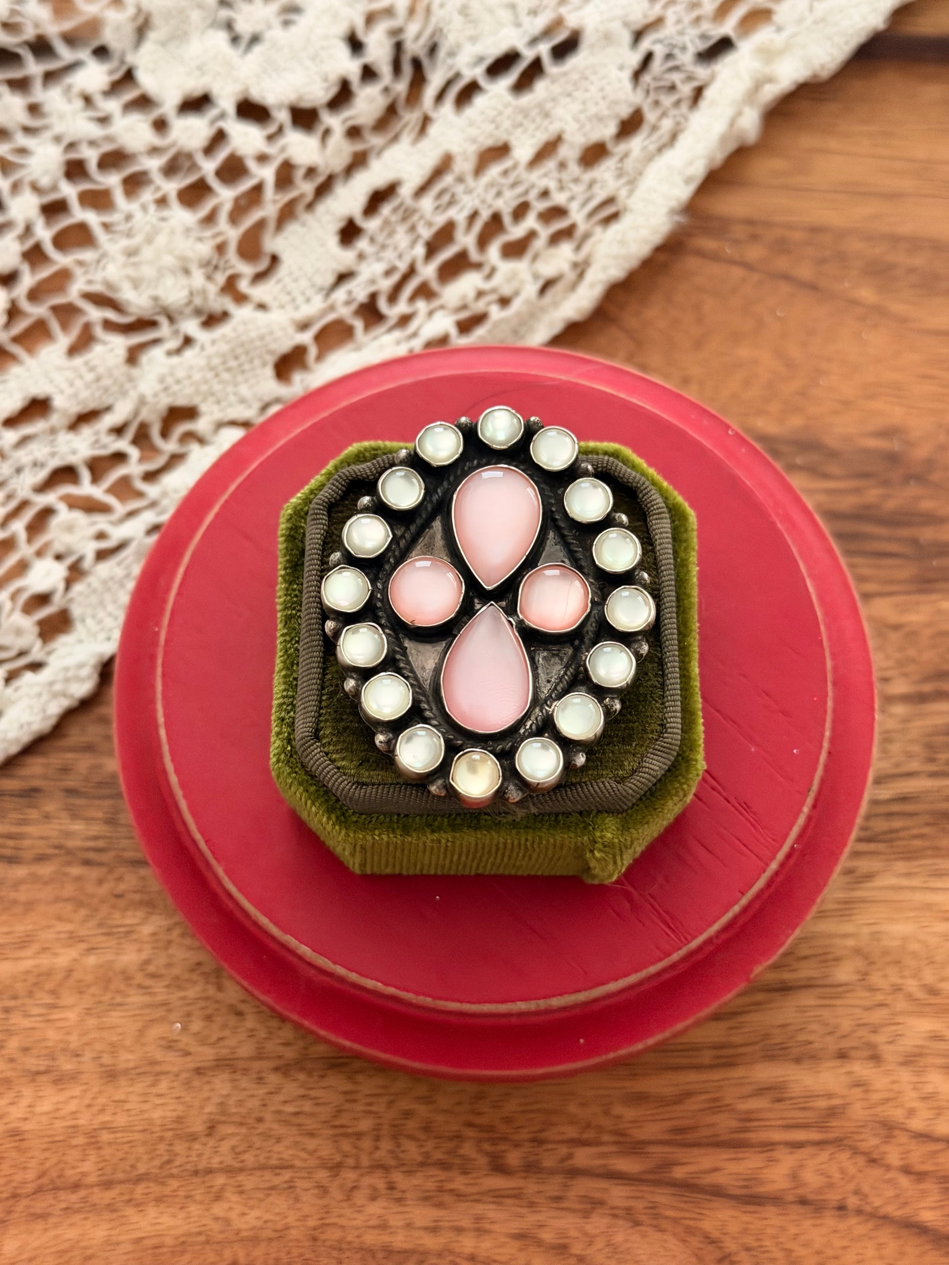 Navajo Made Multi Stone & Sterling Silver Cluster Adjustable Ring