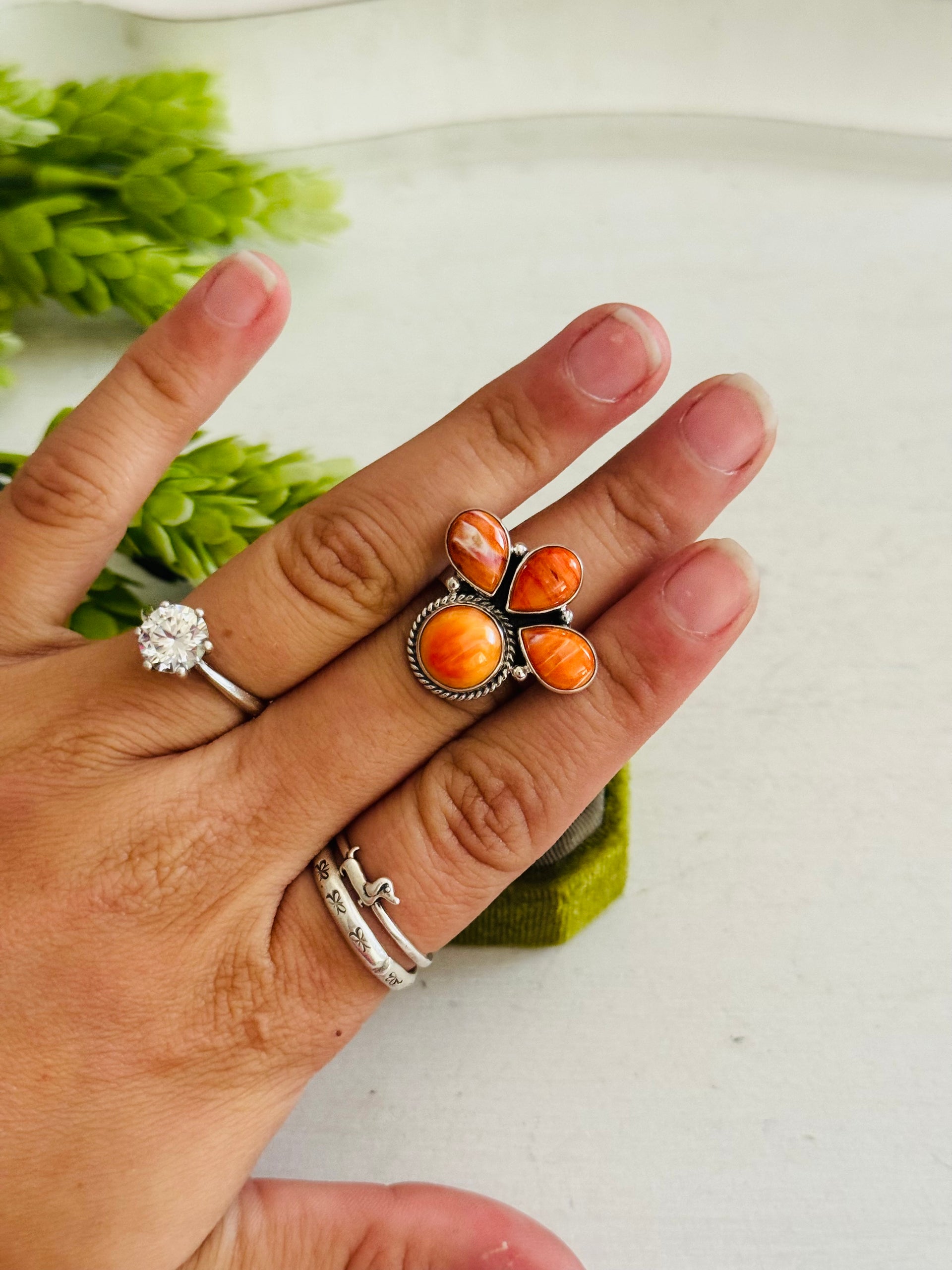 Southwest Made Spiny Oyster & Sterling Sliver Cluster Ring Size 7.5
