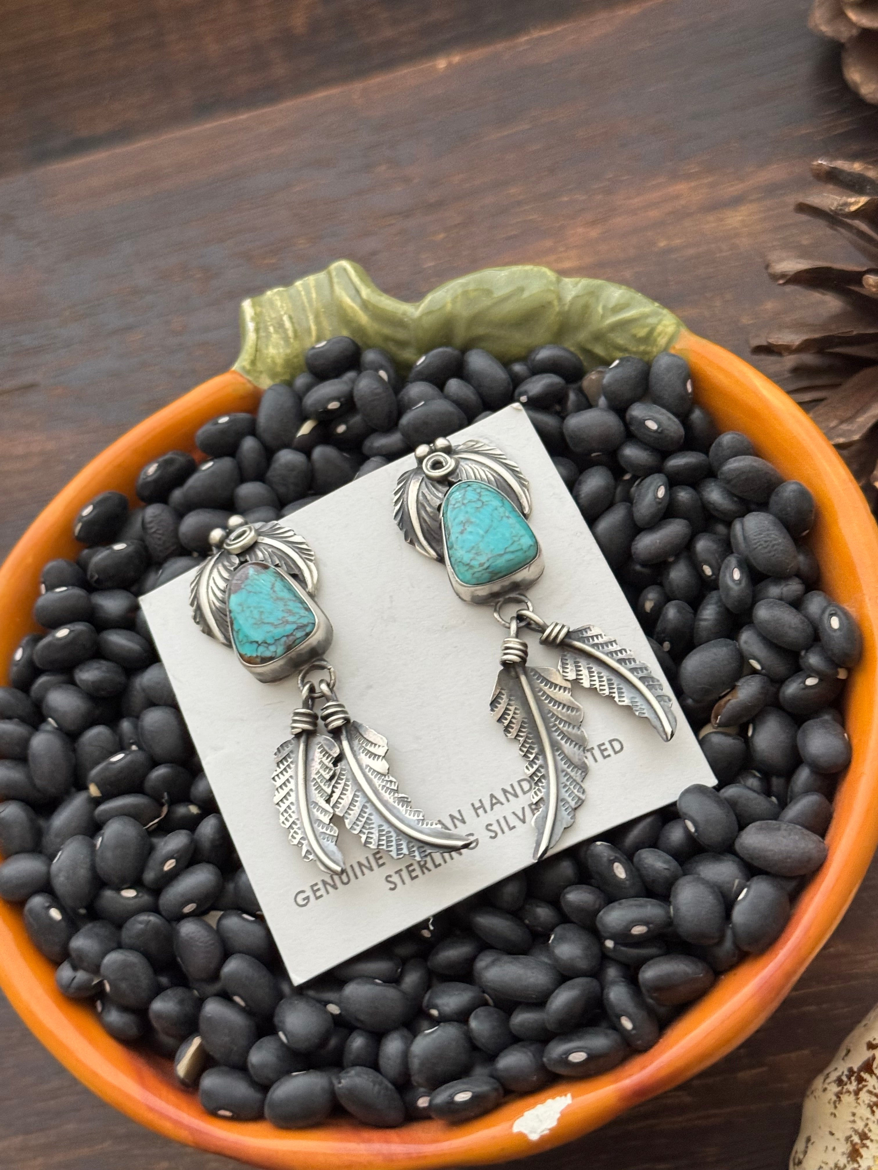 Navajo Handmade #8 Turquoise & Sterling Silver Feather Post Dangle Earrings