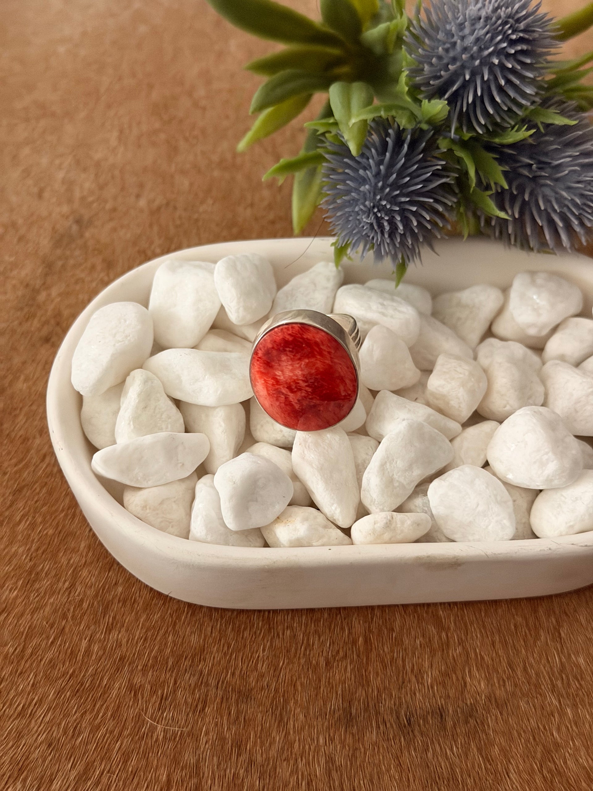 Navajo Made Red Spiny Oyster & Sterling Silver Ring Size 5.5