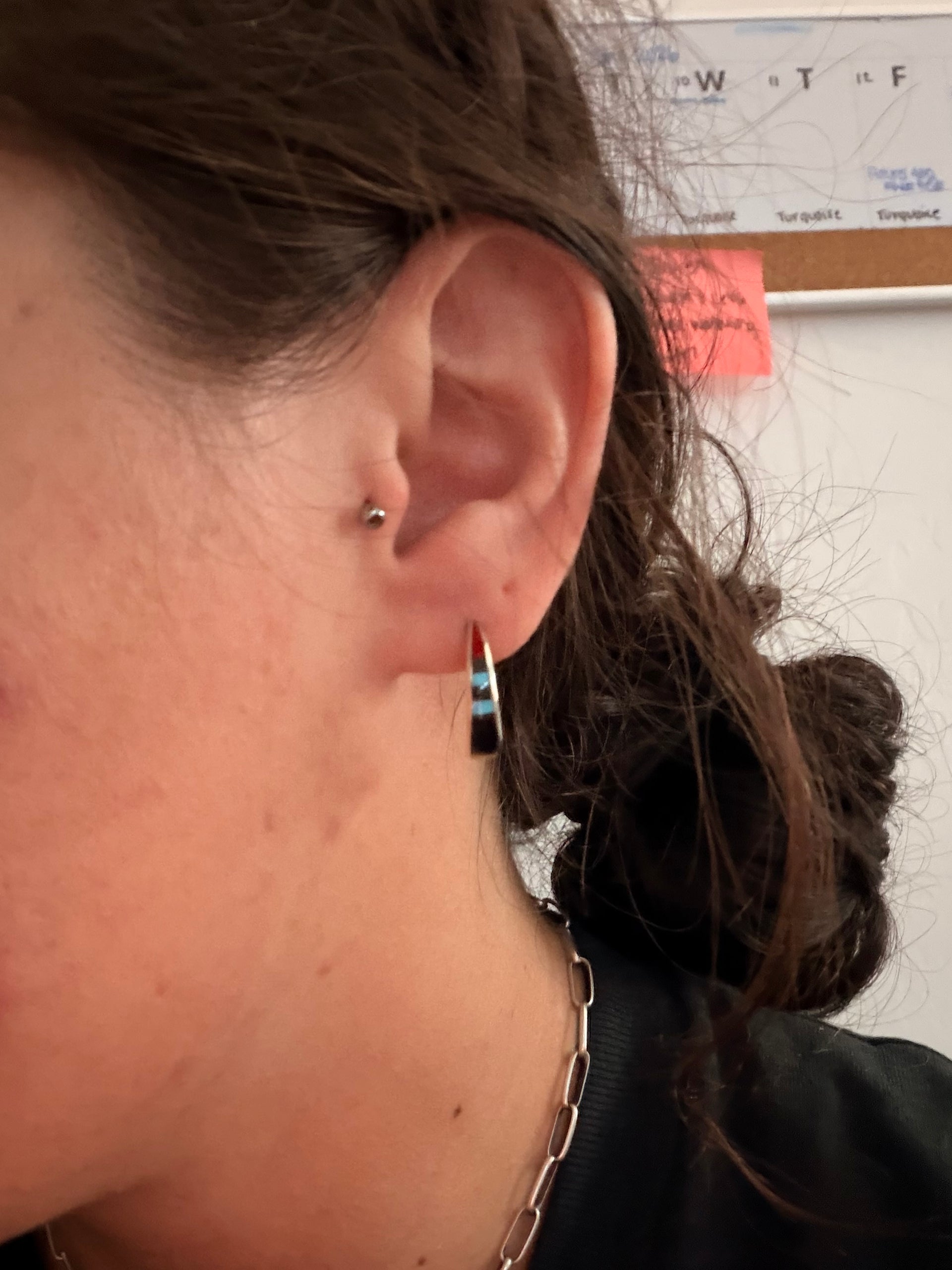 Zuni Made Multi Stone & Sterling Silver Post Hoop Earrings
