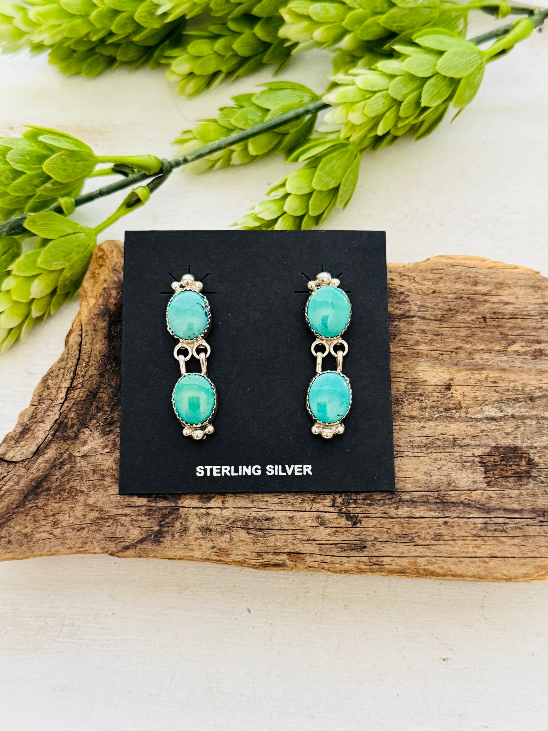 Navajo Made Kingman Turquoise & Sterling Silver Post Dangle Earrings