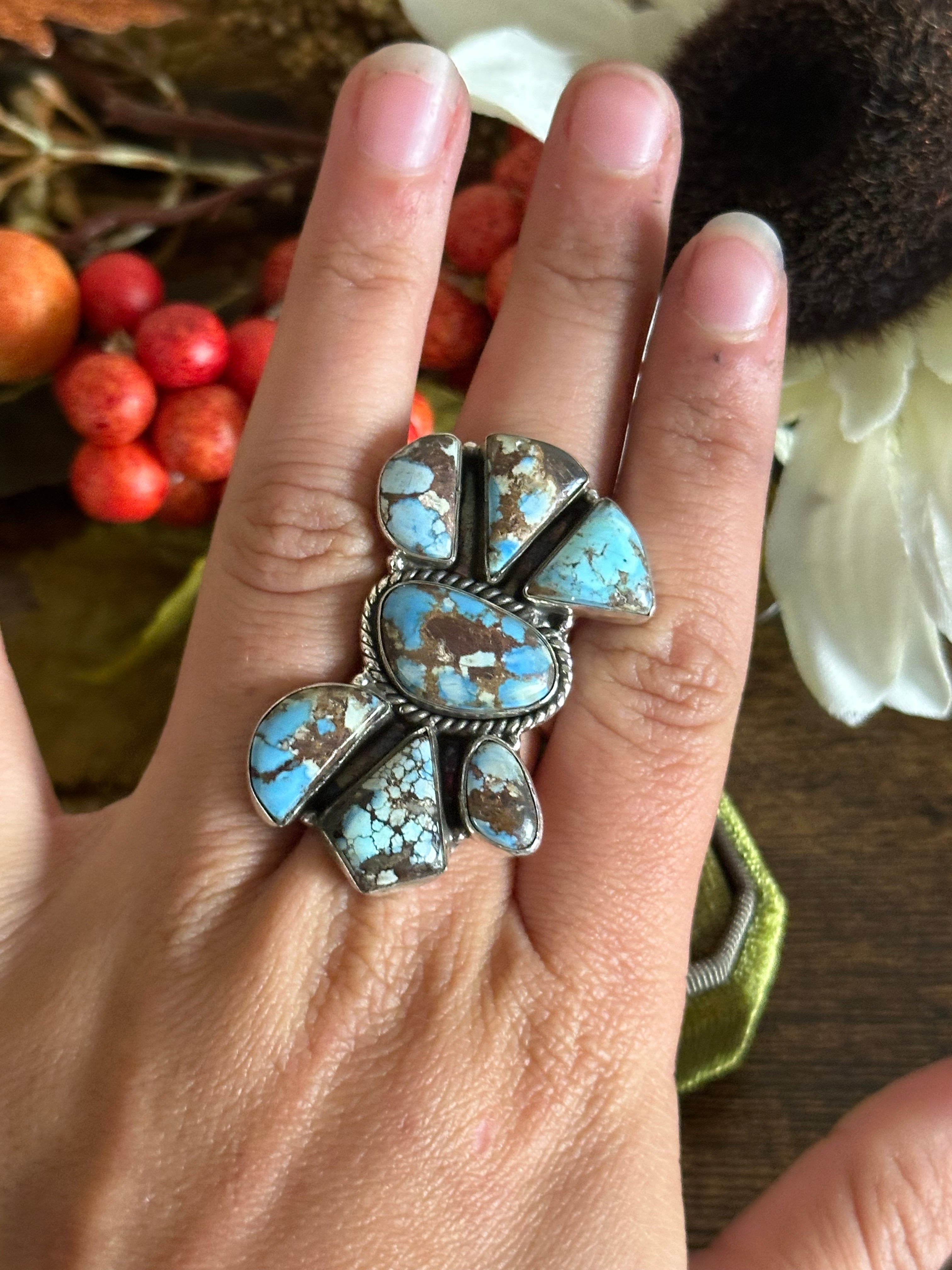 Southwest Handmade Golden Hill’s Turquoise & Sterling Silver Adjustable Cluster Ring