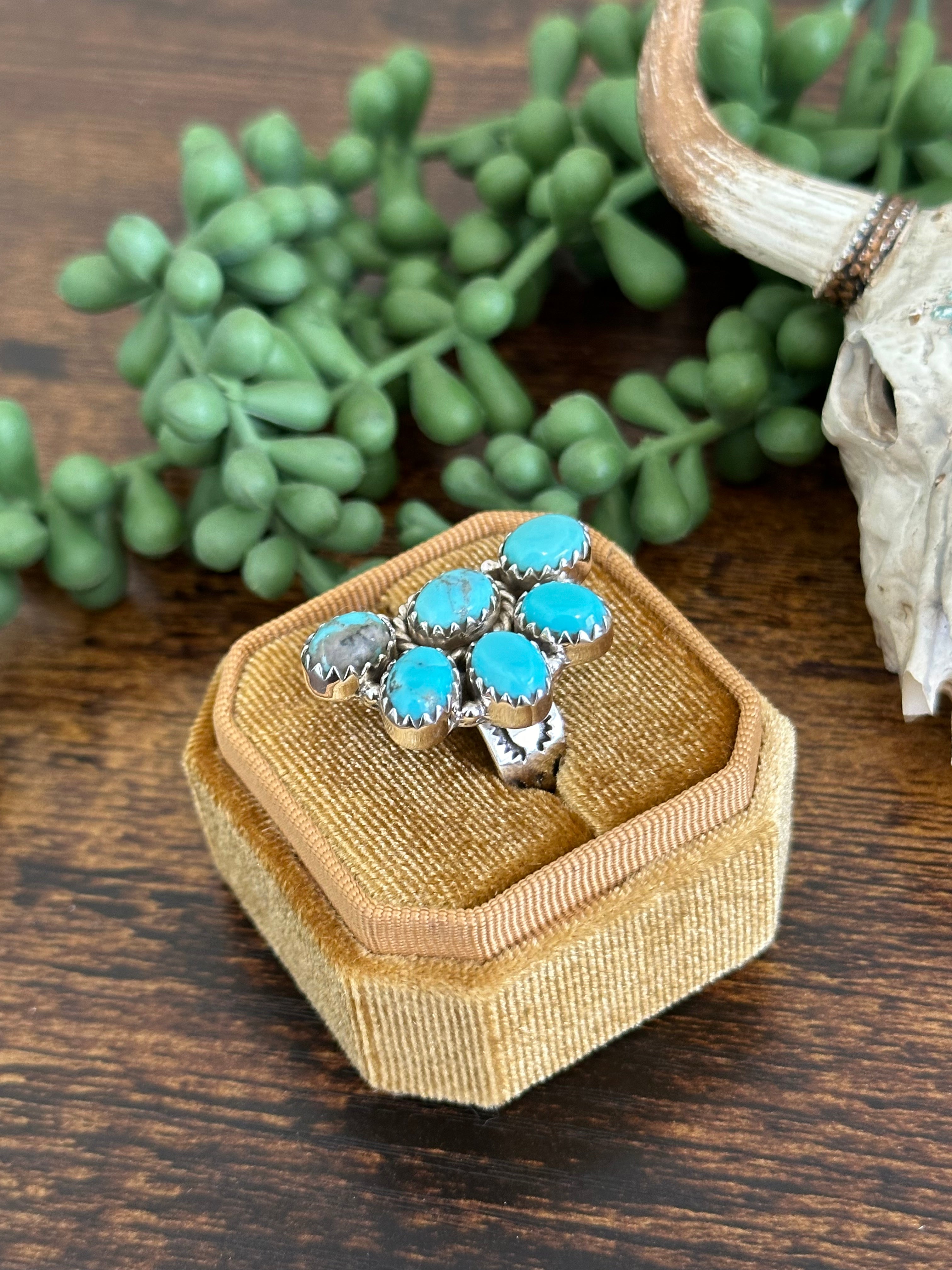 Southwest Handmade Kingman Turquoise & Sterling Silver Adjustable Cluster Ring