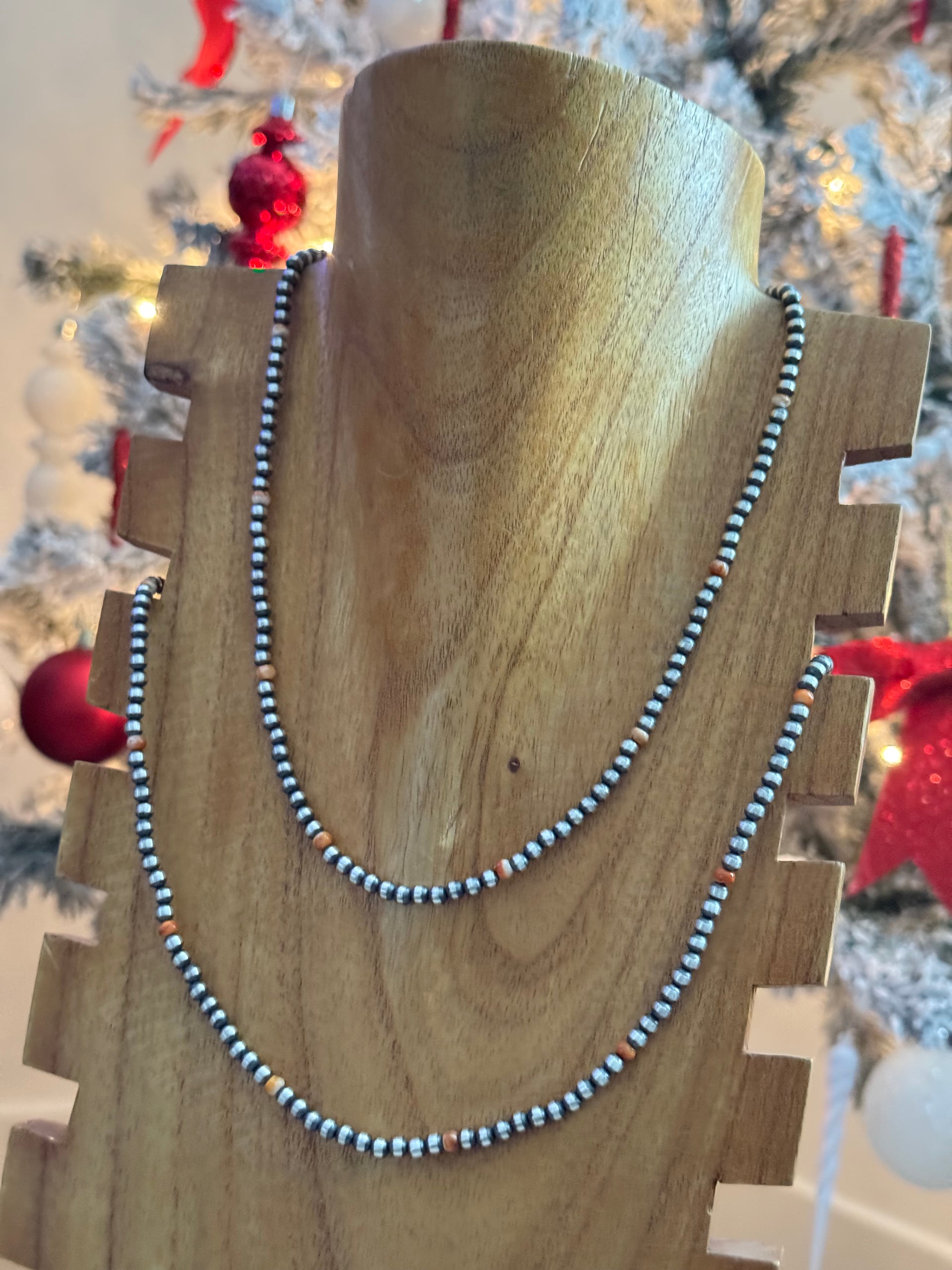 Navajo Strung Red/Orange Spiny Oyster & Sterling Silver Pearl Necklace