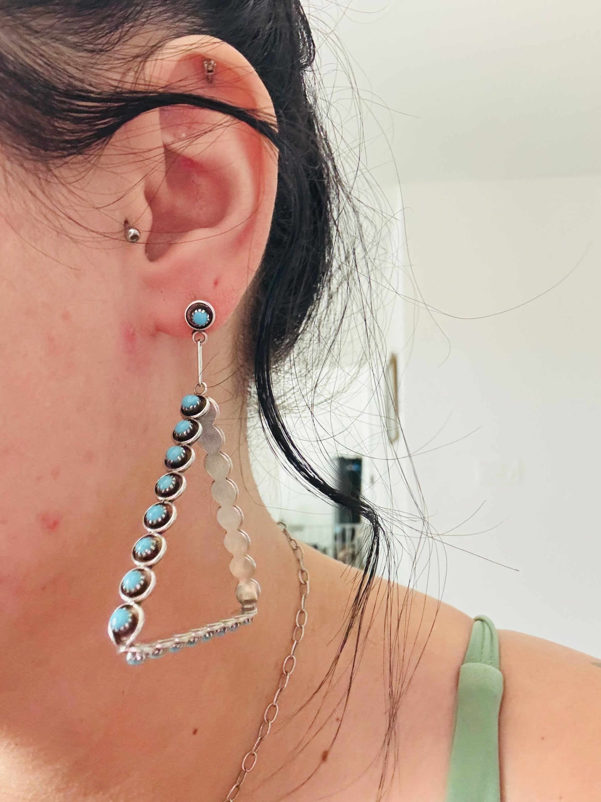 Zuni Made Kingman Turquoise & Sterling Silver Post Dangle Petite Earrings