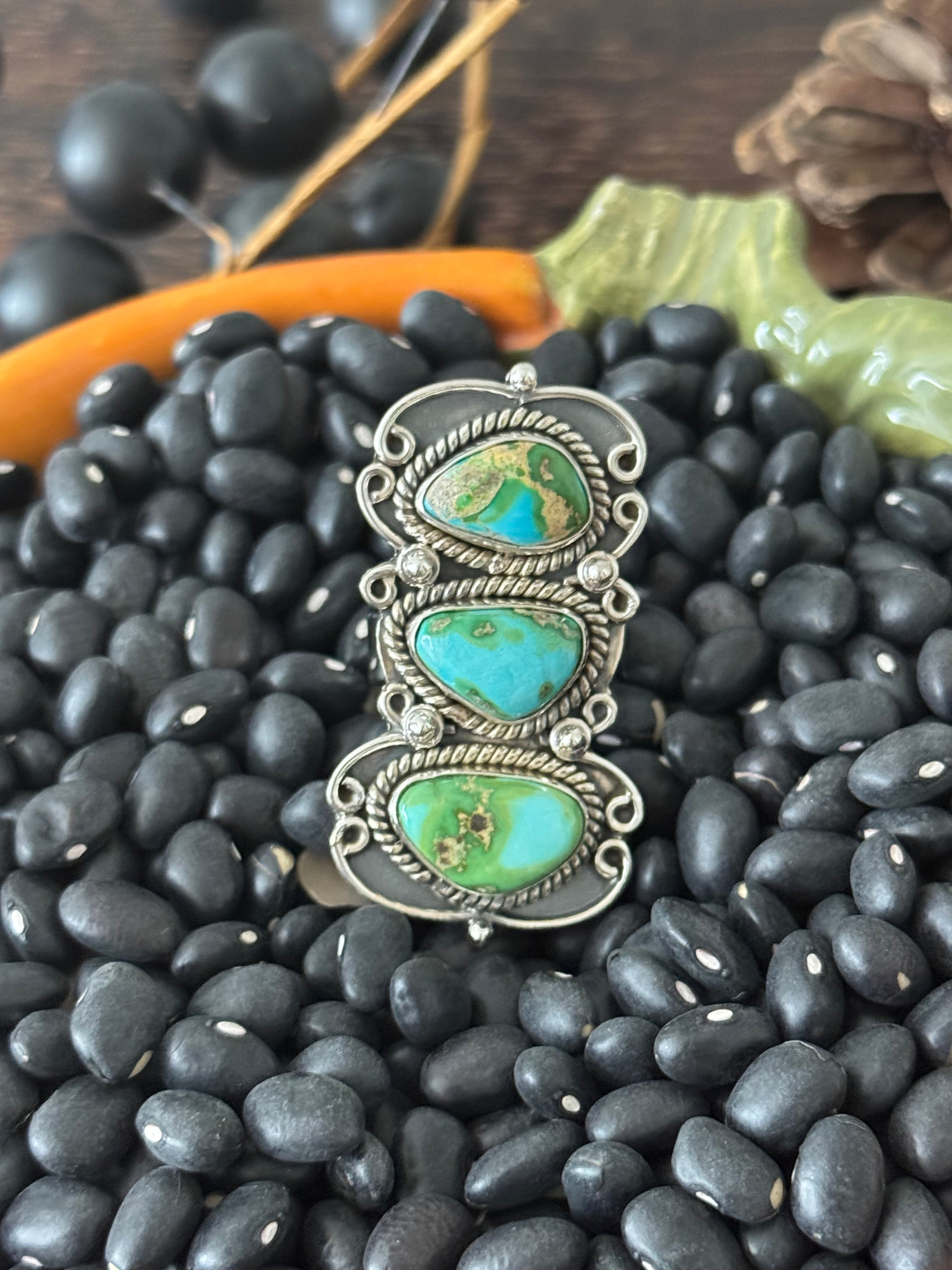 Southwest Handmade Sonoran Mountain Turquoise & Sterling Silver Adjustable 3 Stone Ring