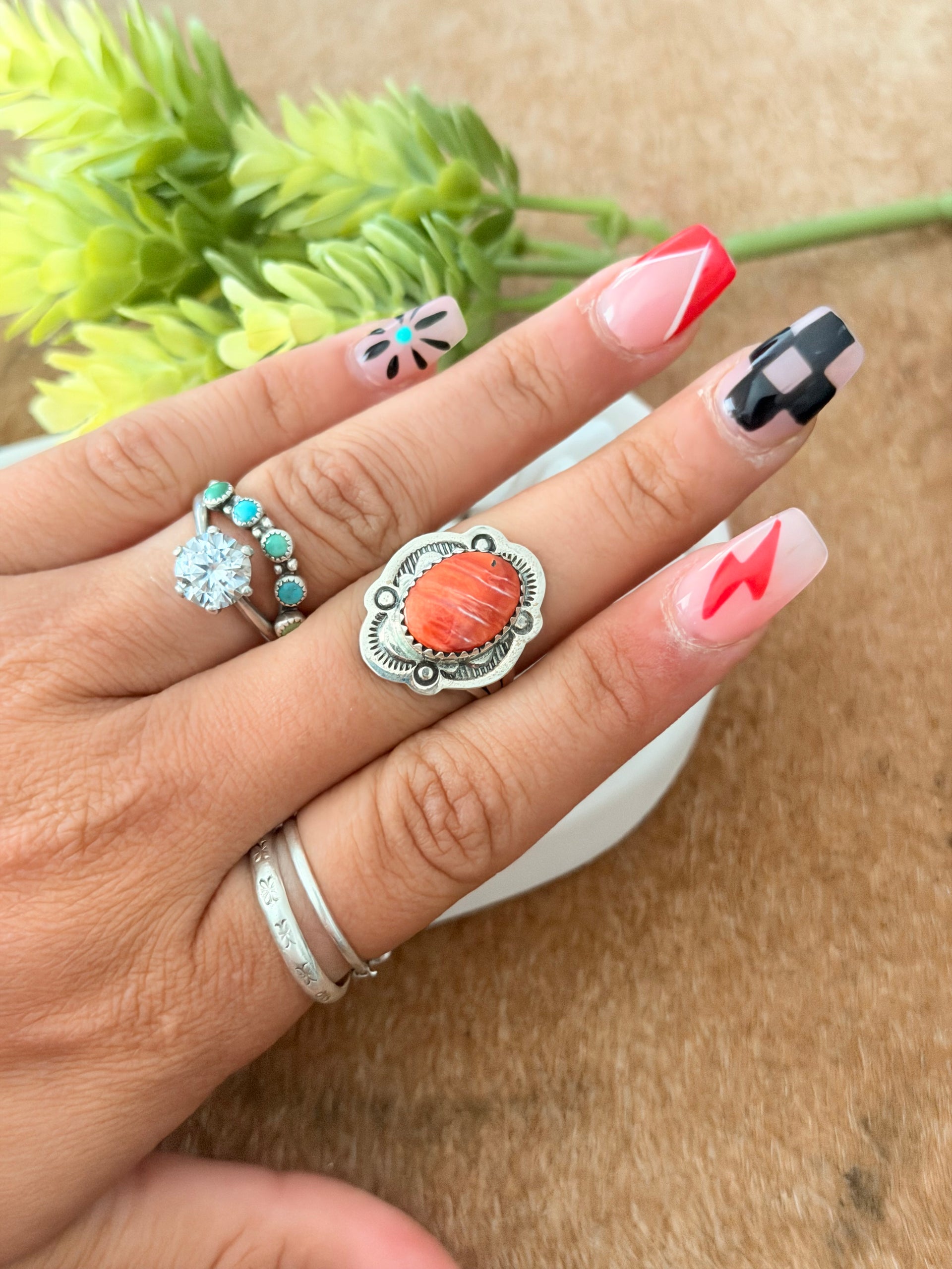 Navajo Made Spiny Oyster & Sterling Silver Ring Size 7.5