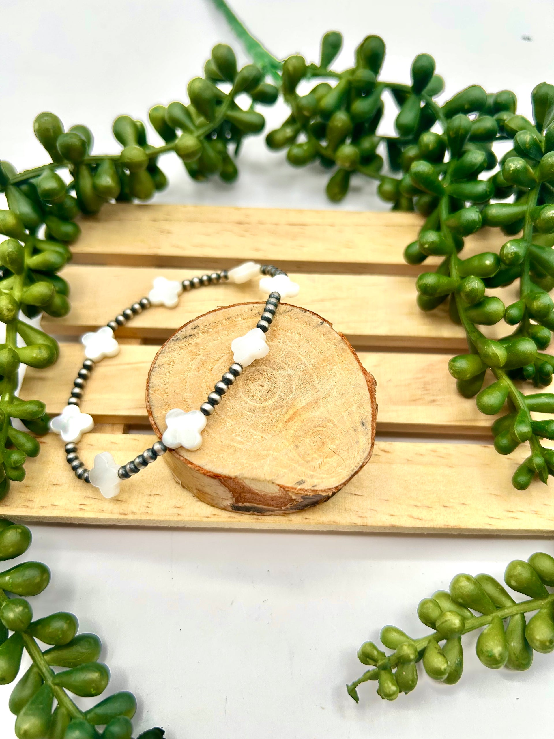 Navajo Made Mother of Pearl & Sterling Silver Strung Stretchy Bracelet