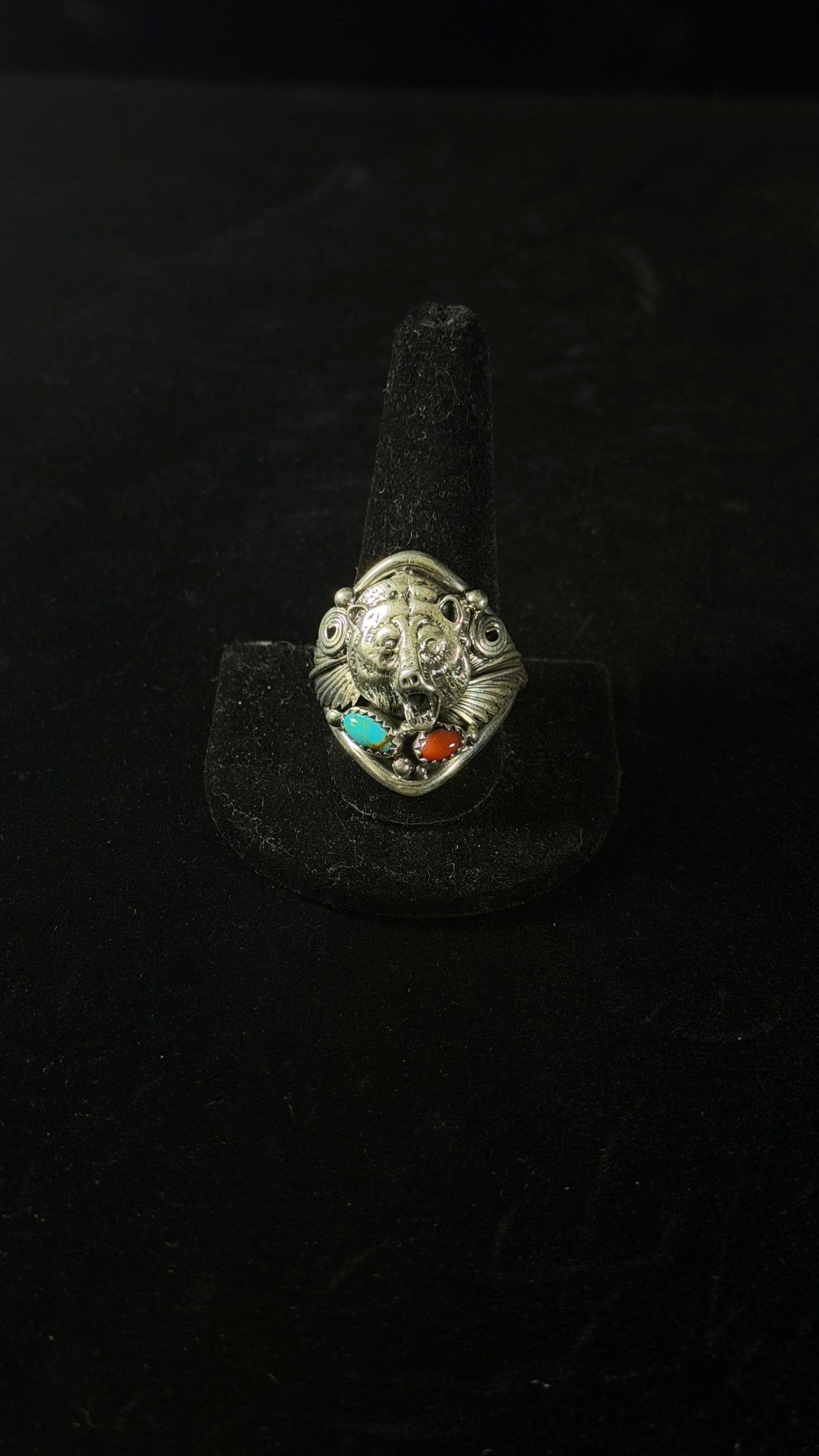 Navajo Made Multi Stone & Sterling Silver Bear Ring