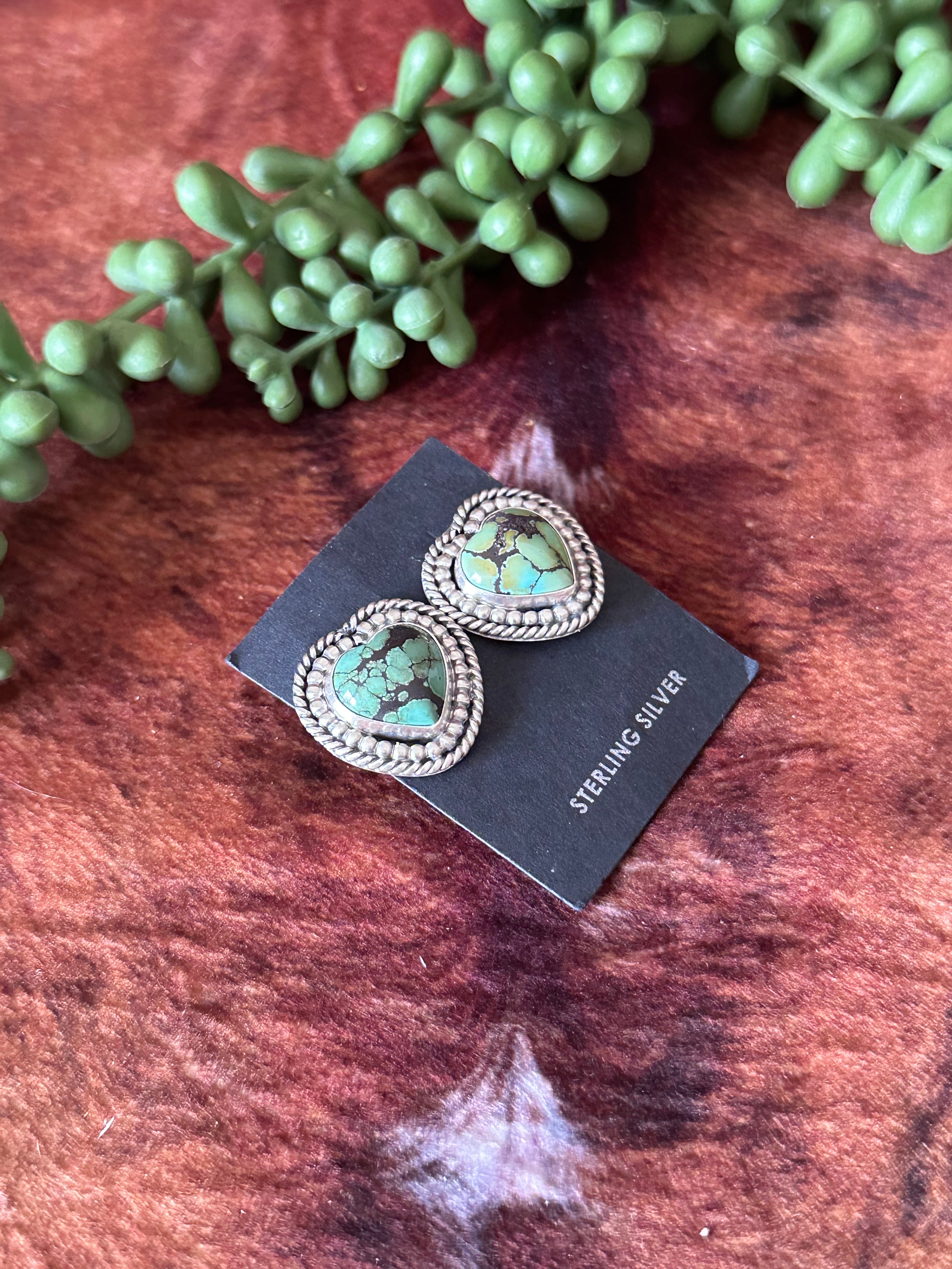 Navajo Handmade Hubei Turquoise & Sterling Silver Heart Post Earrings