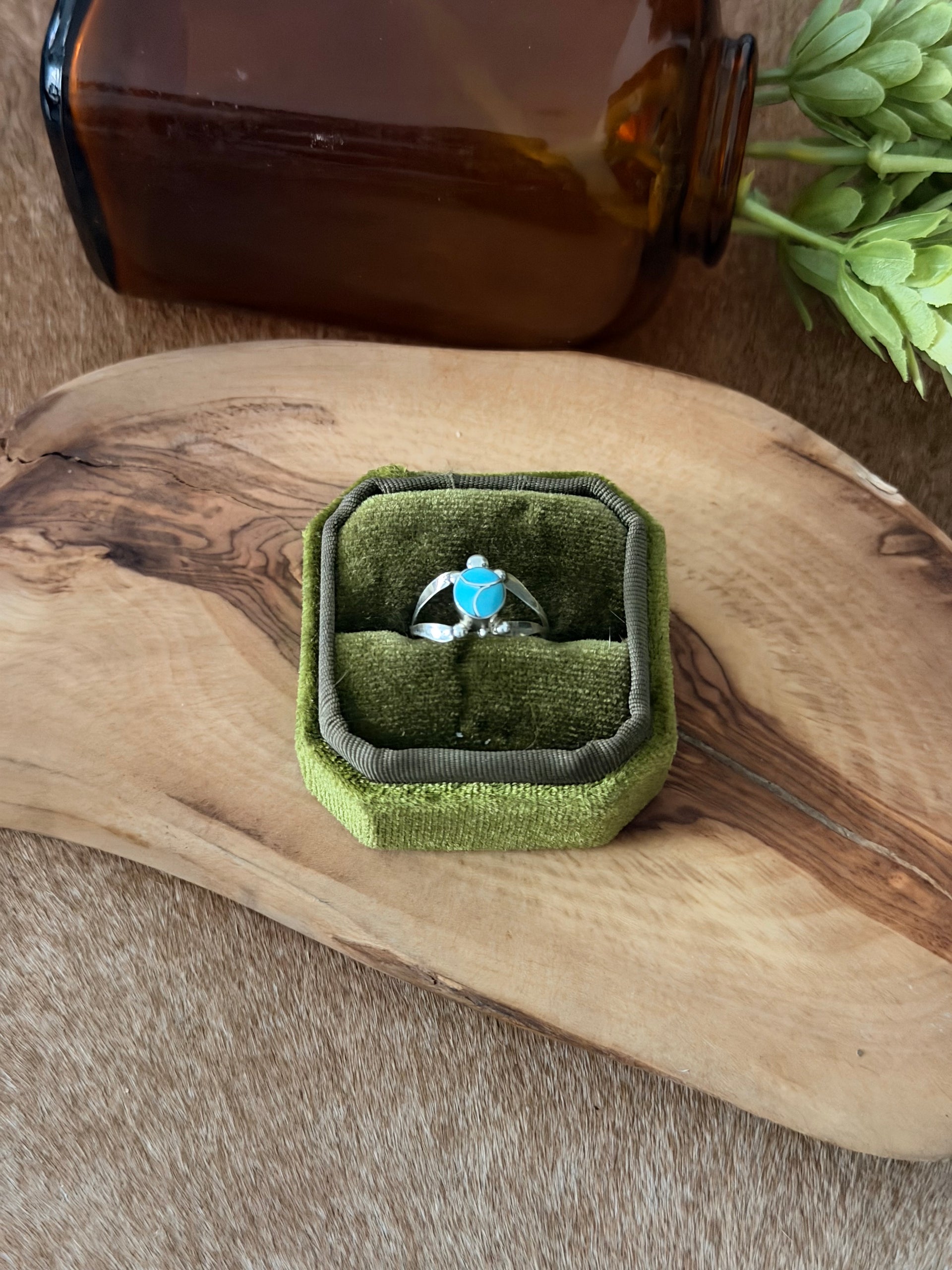 Zuni Made Kingman Turquoise & Sterling Silver Inlay Turtle Ring