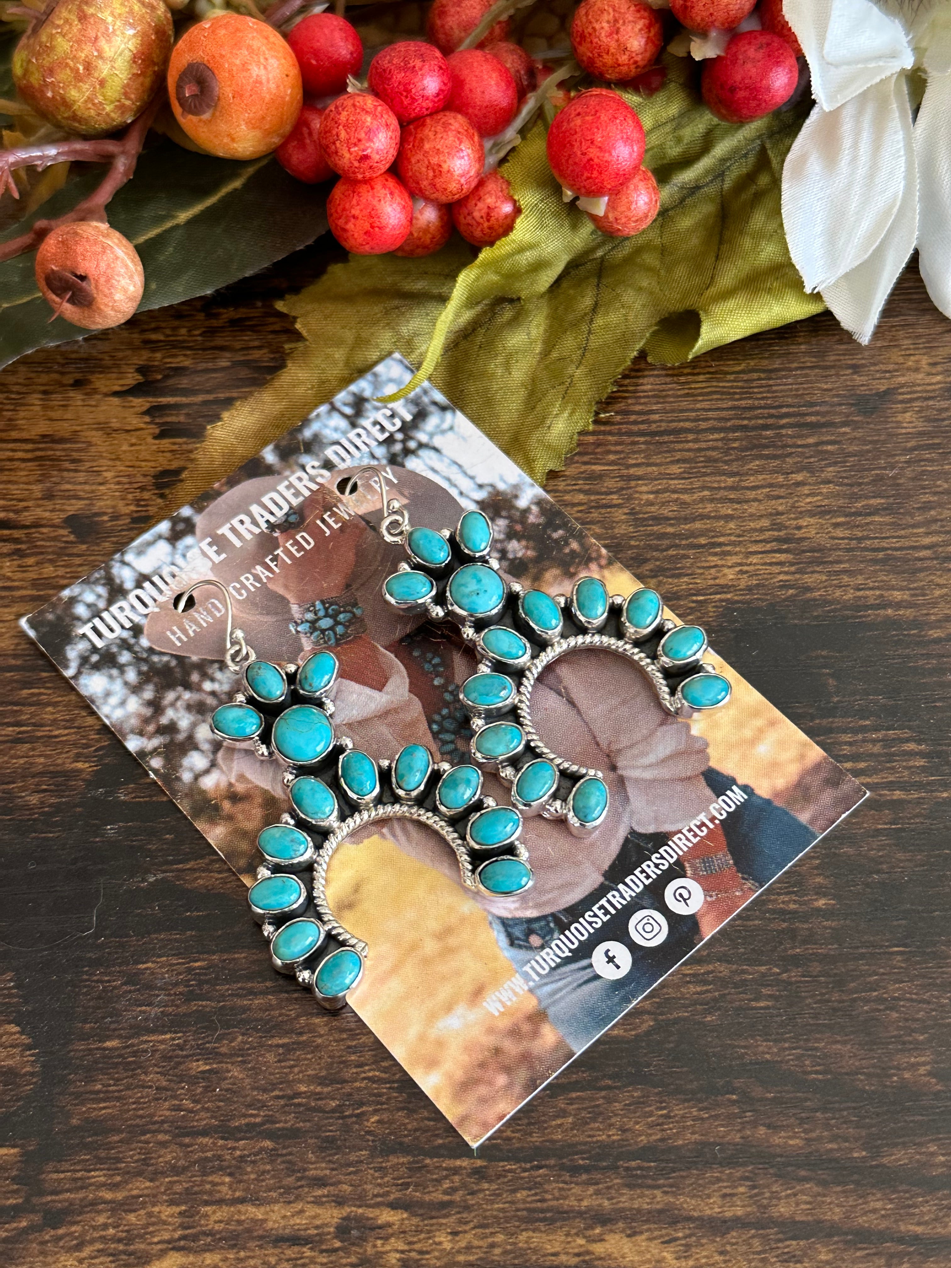 Southwest Handmade Kingman Turquoise & Sterling Silver Dangle Cluster Earrings