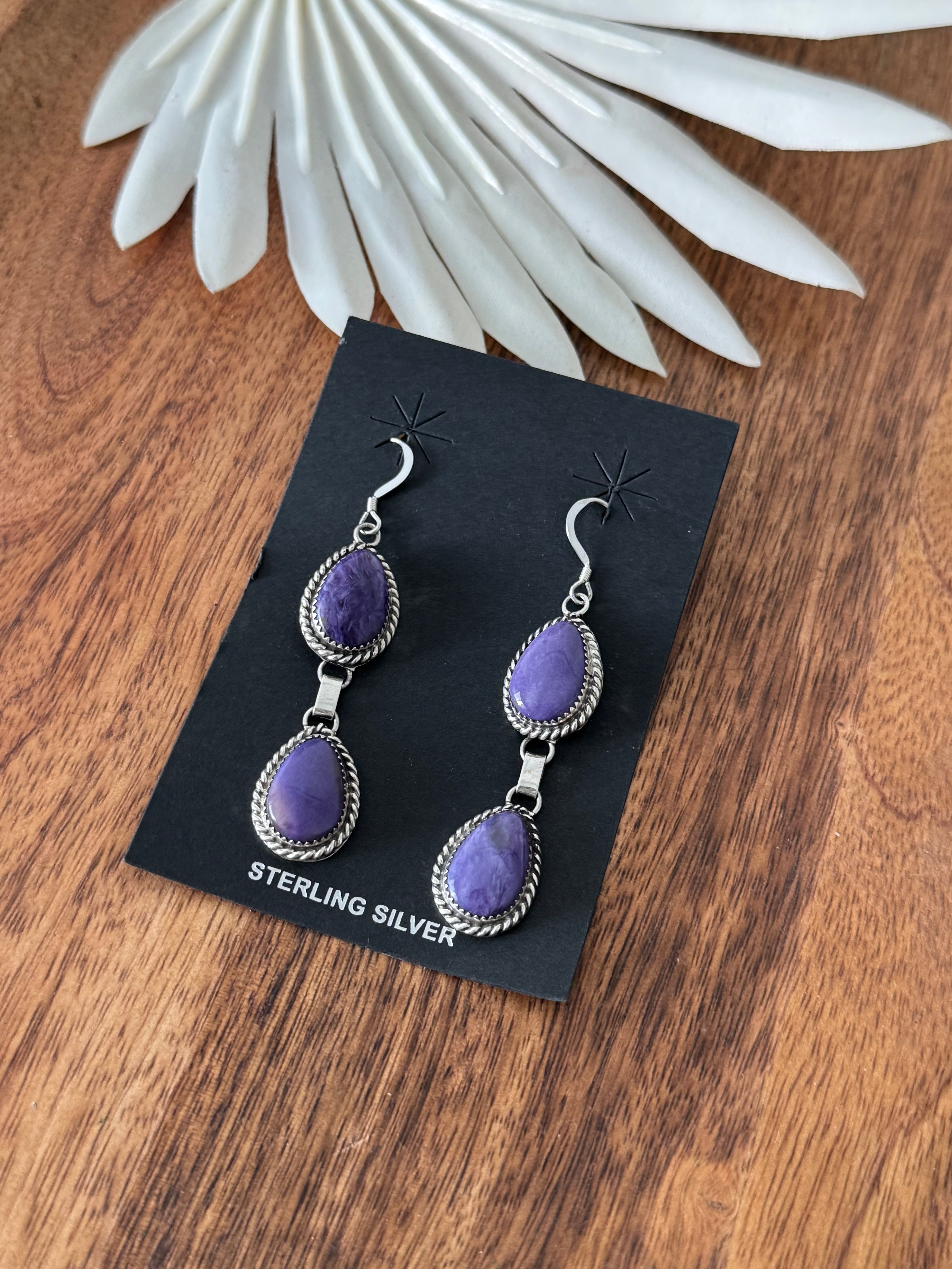 Navajo Charoite & Sterling Silver Dangle Earrings