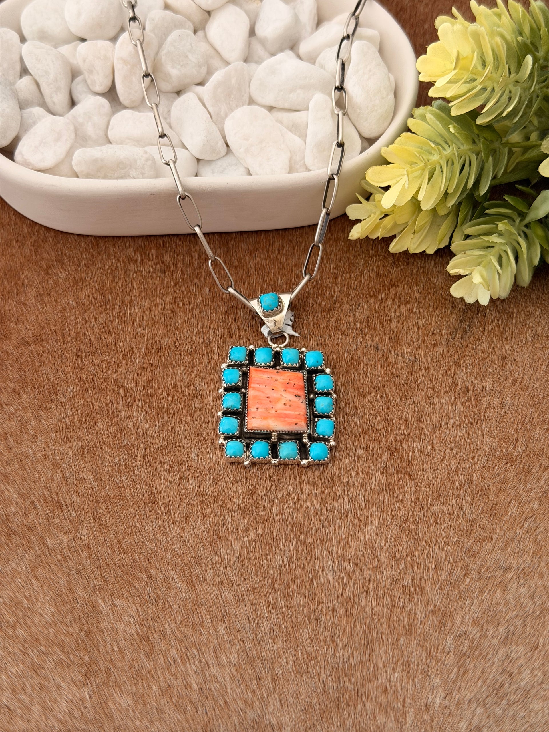 Navajo Made Multi Stone & Sterling Silver Cluster Pendant
