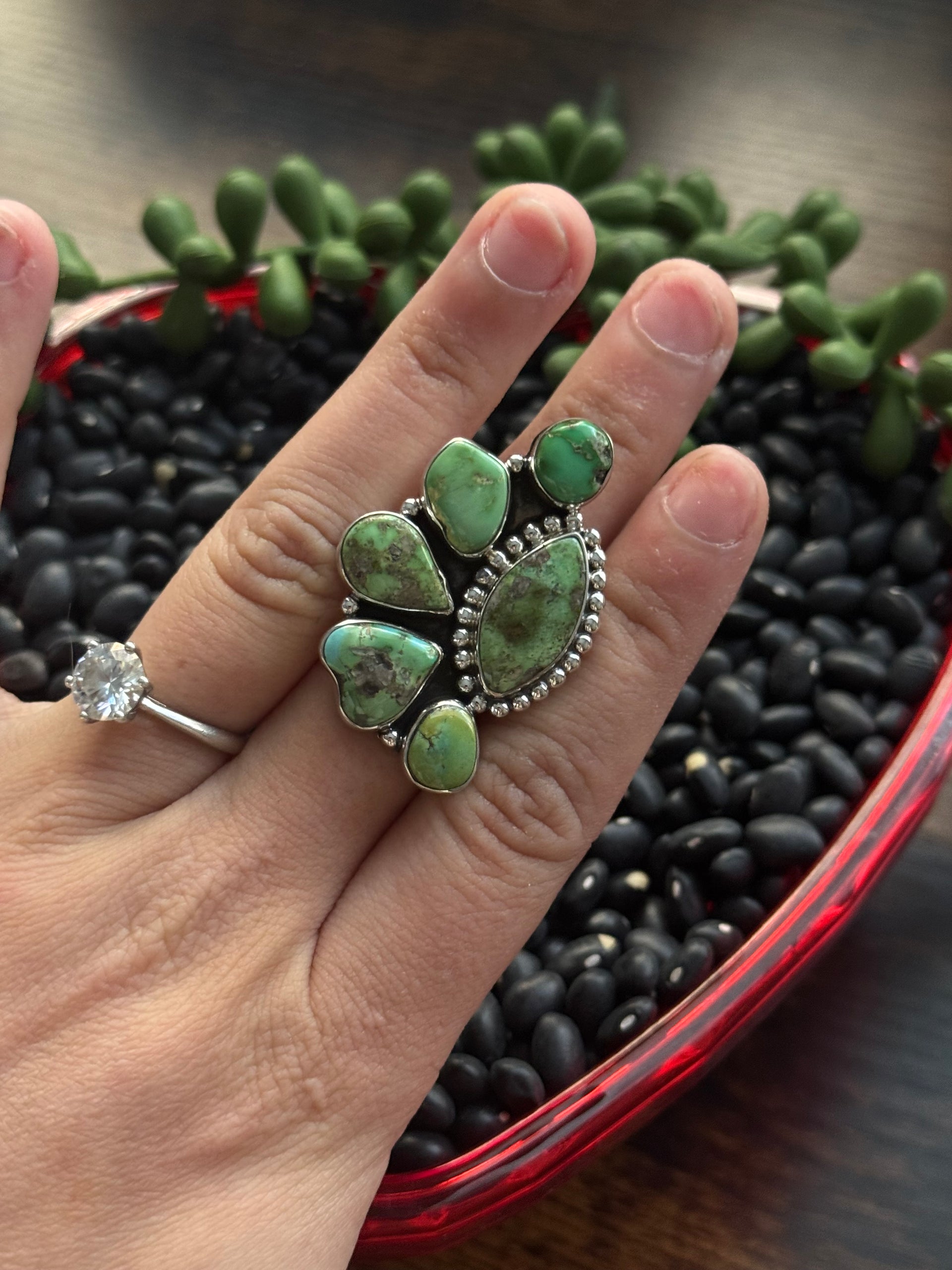 Southwest Handmade Sonoran Mountain Turquoise & Sterling Silver Adjustable Cluster Ring