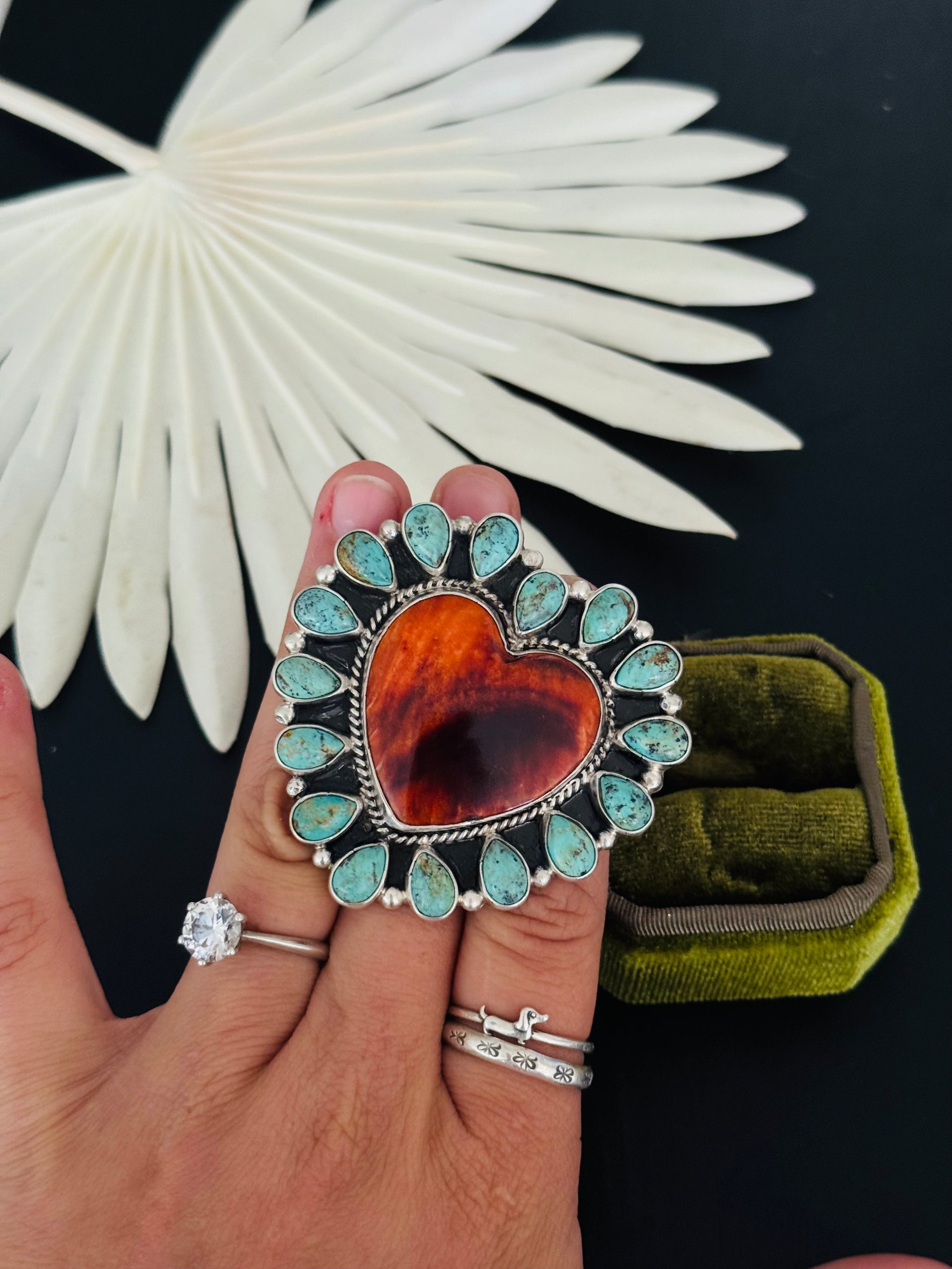 Navajo Made Multi Stone & Sterling Silver Adjustable Heart Cluster Ring