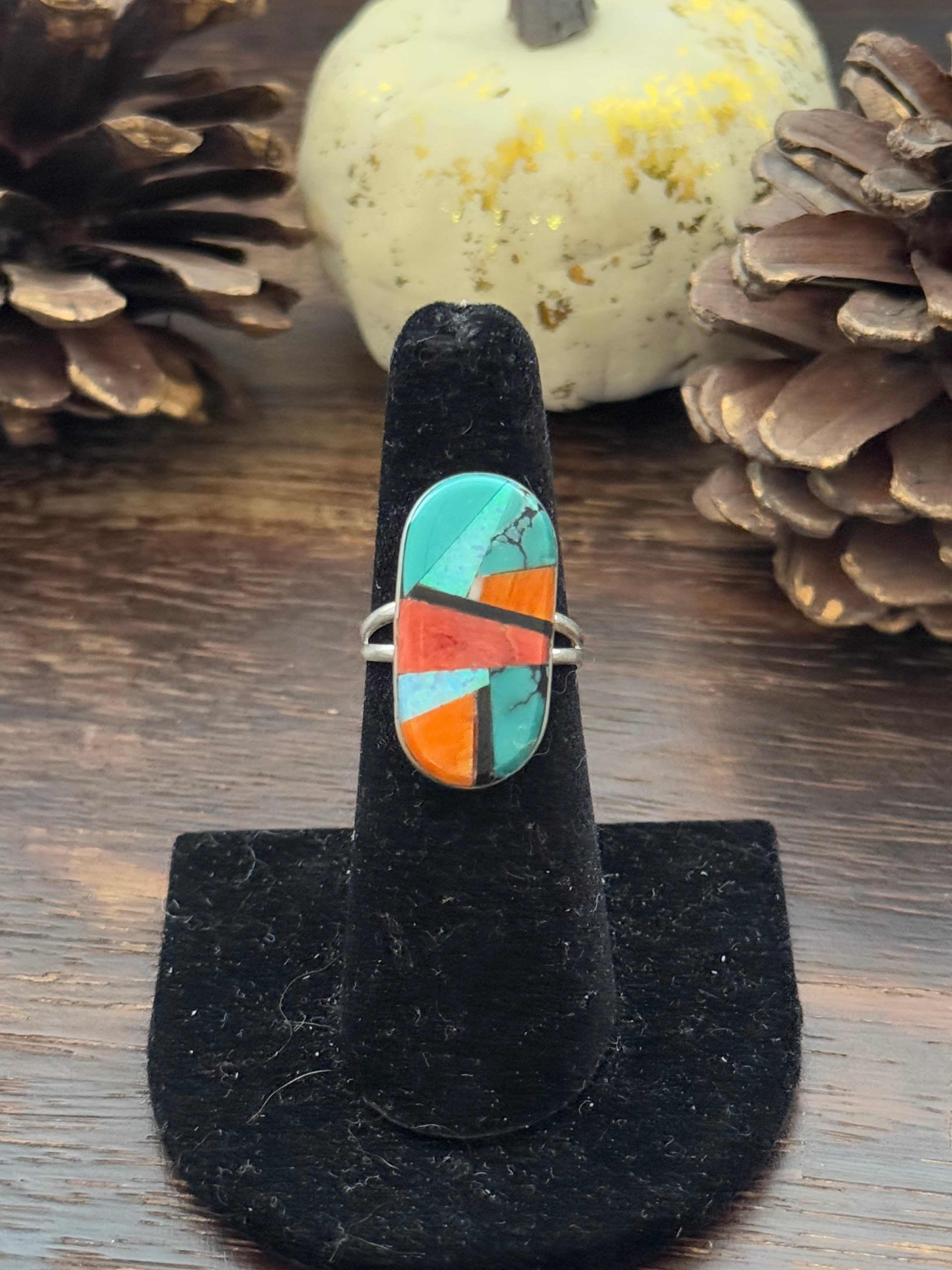 Navajo Made Multi Stone & Sterling Silver Inlay Ring Size 6.5