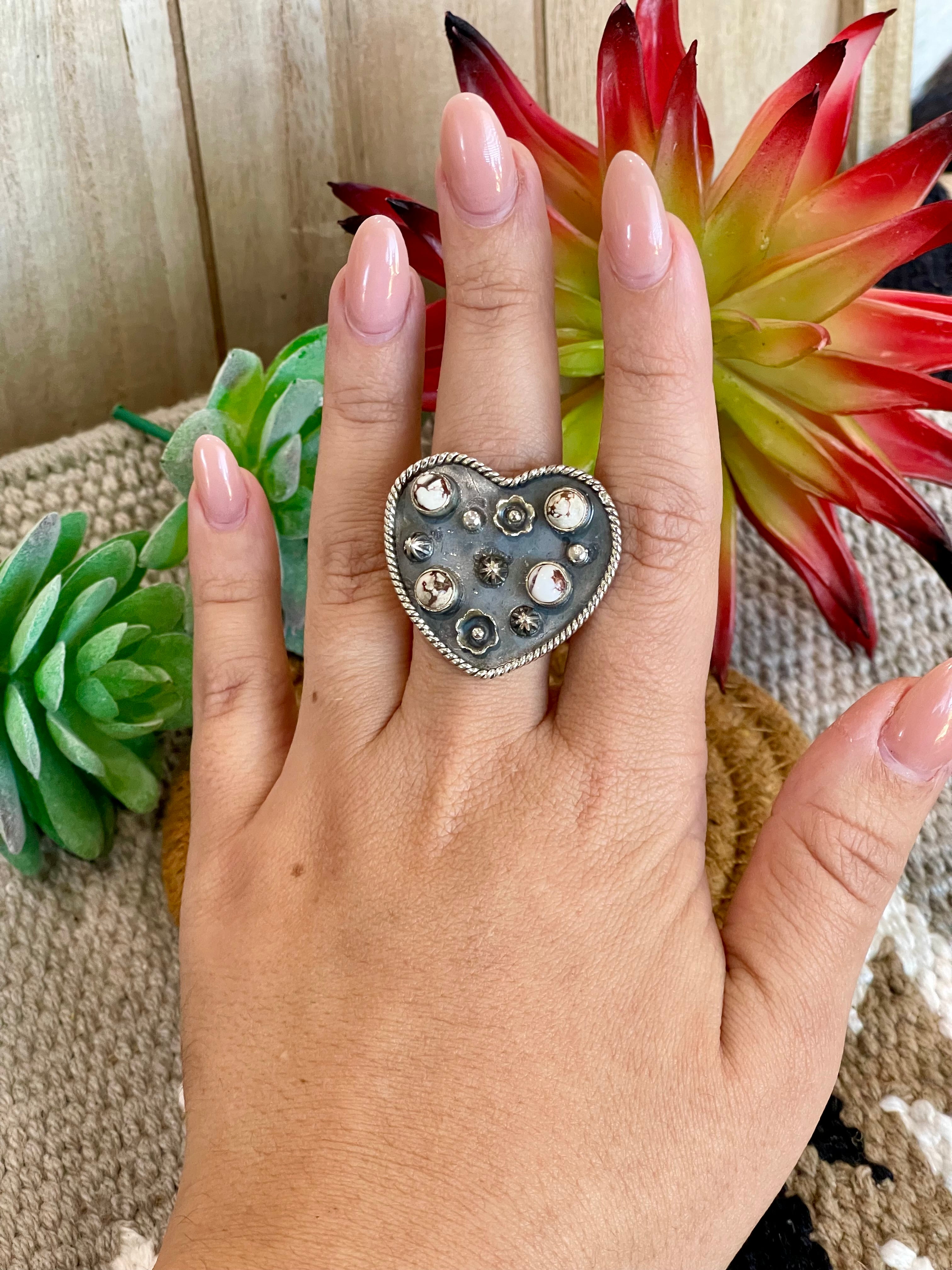 Southwest Handmade Wild Horse & Sterling Silver Adjustable Heart Ring