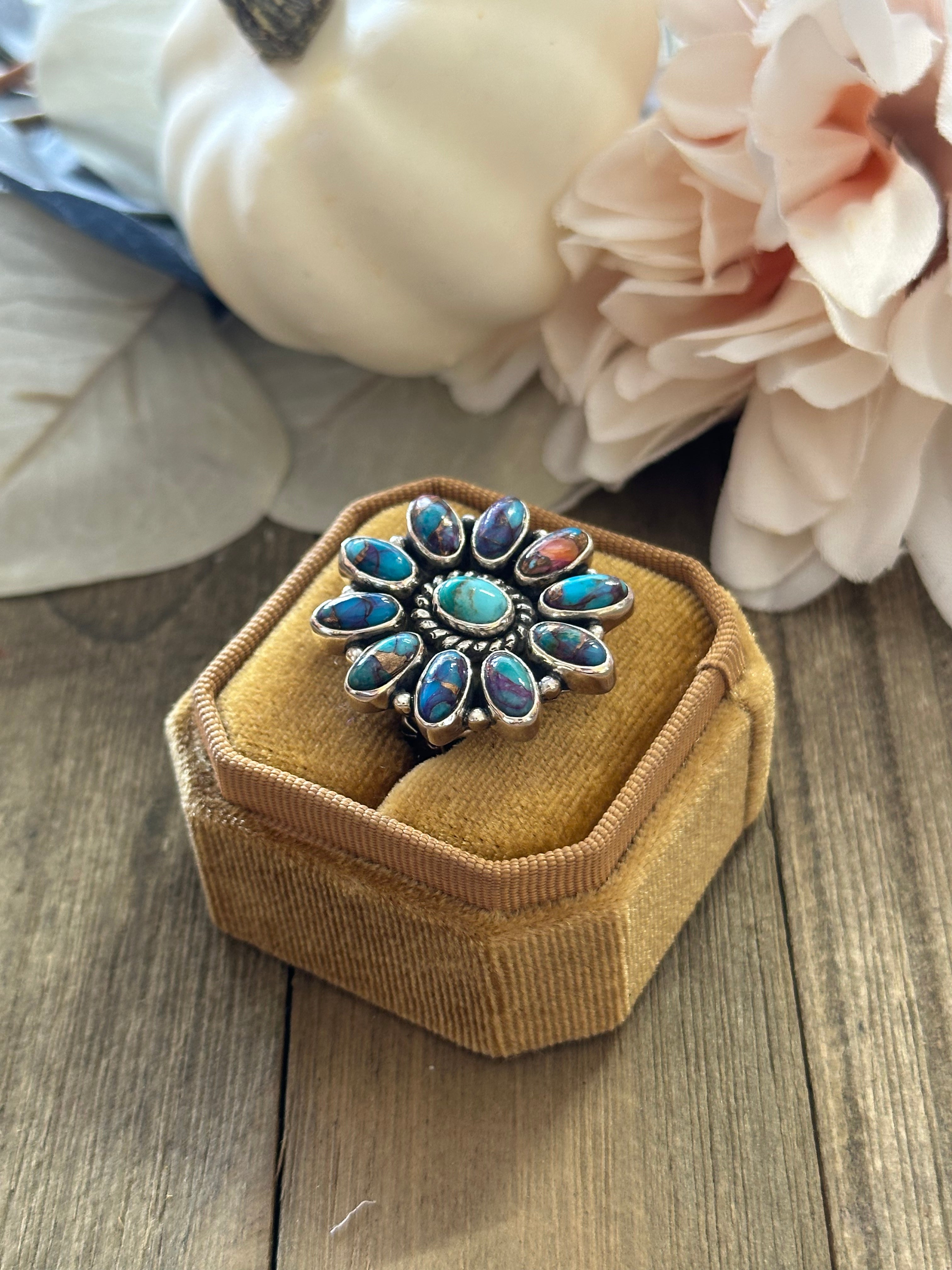 Southwest Handmade Mohave Turquoise & Sterling Silver Adjustable Cluster Ring