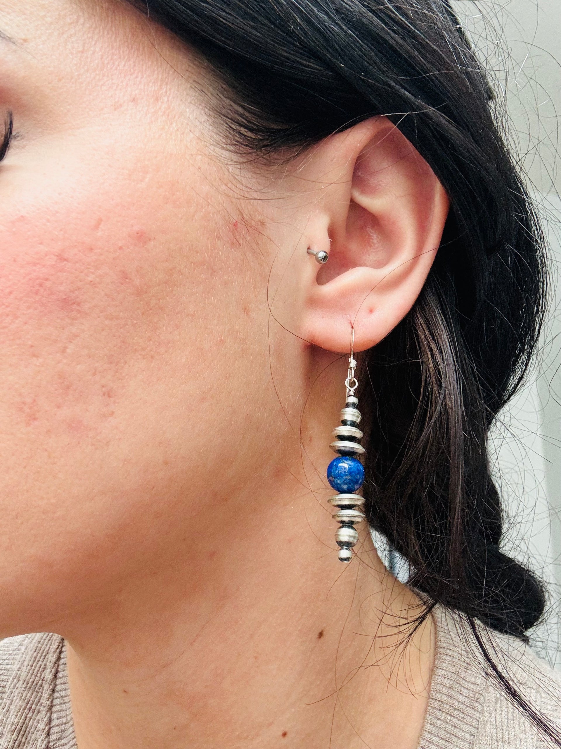 Navajo Strung Lapis & Sterling Silver Graduated Pearls Dangle Earrings