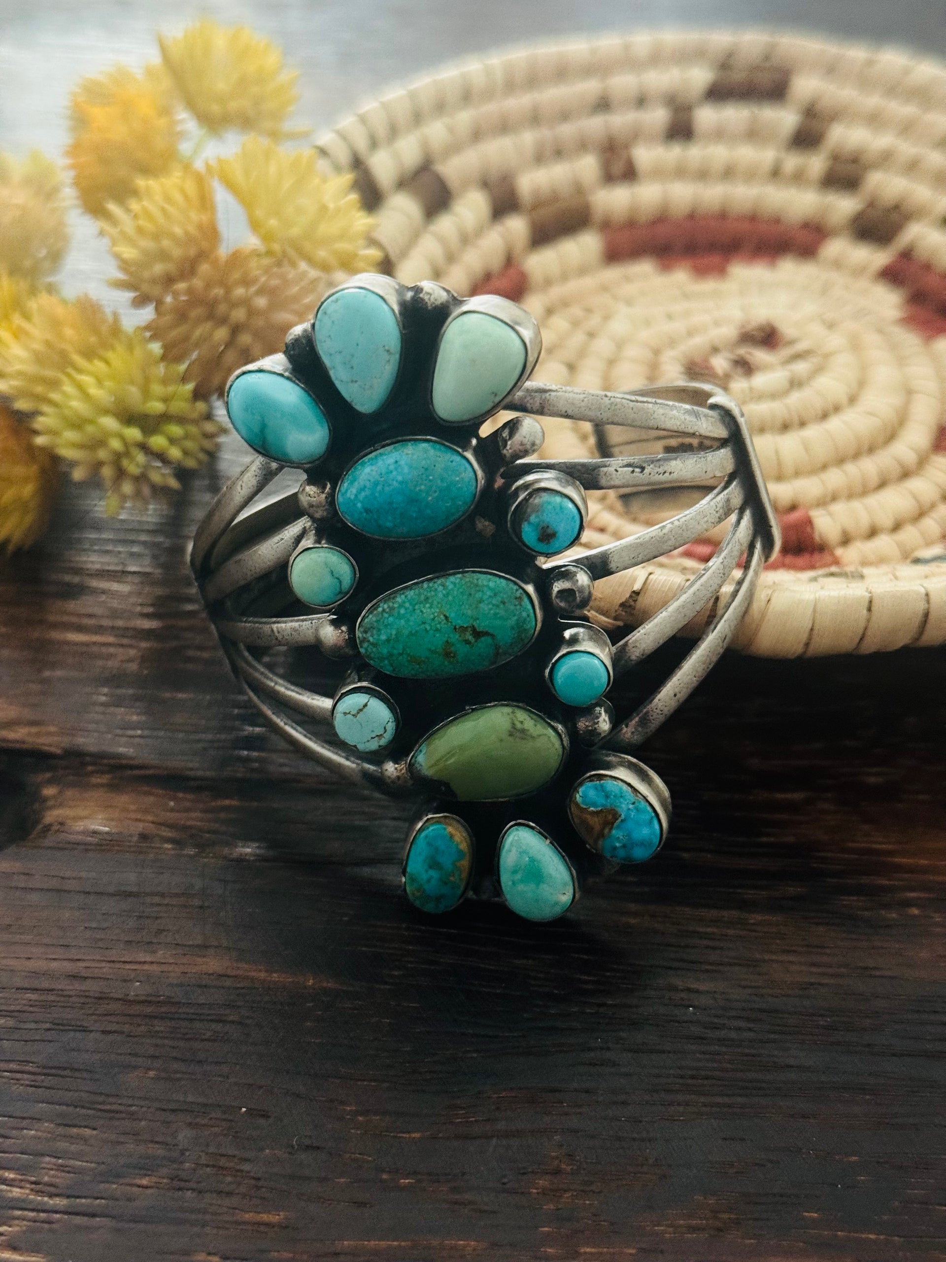 Mark Yazzie Mixed Turquoise & Sterling Silver Cluster Cuff Bracelet