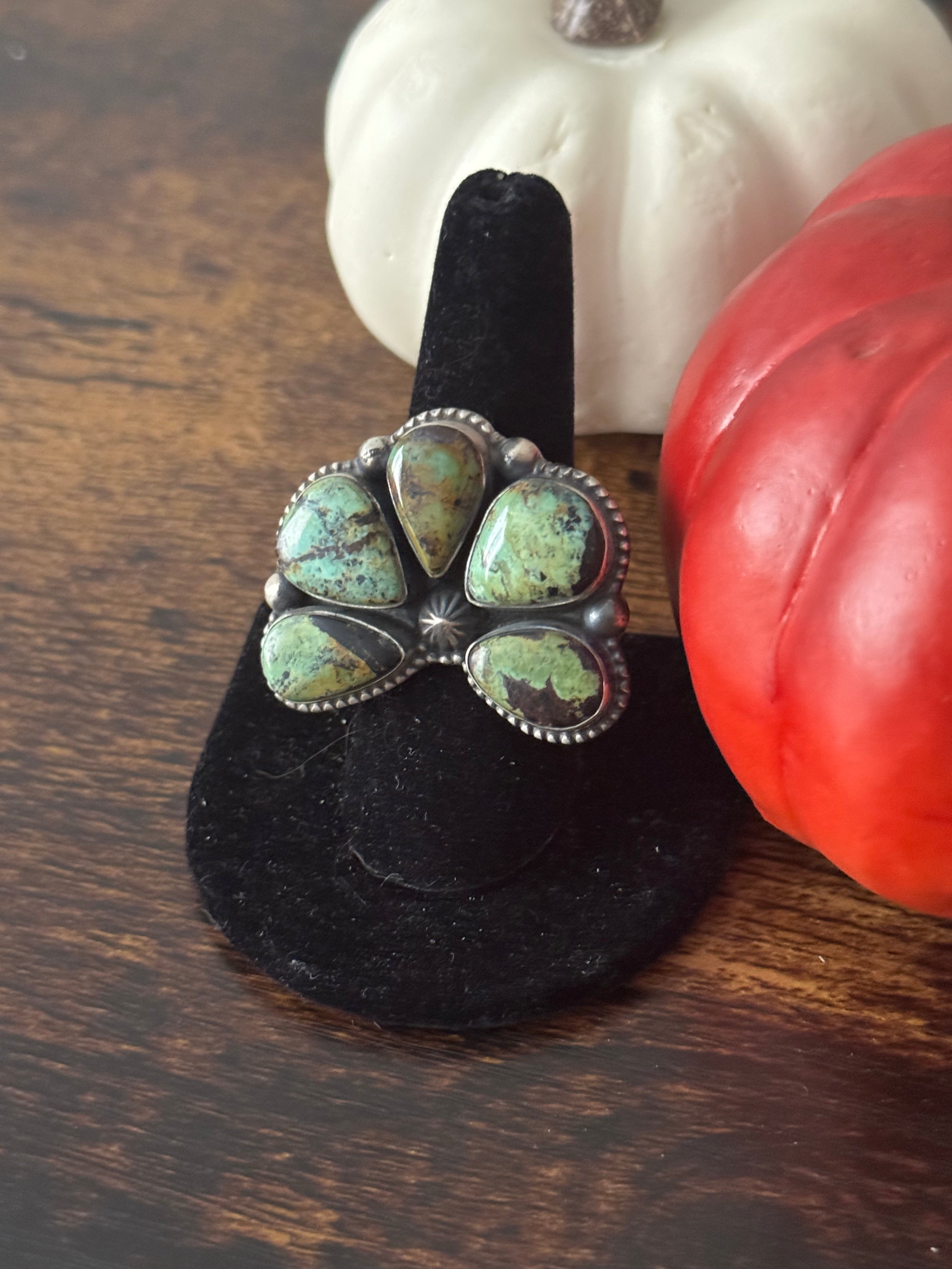 Southwest Handmade Black Jack Turquoise & Sterling Silver Adjustable Naja Ring