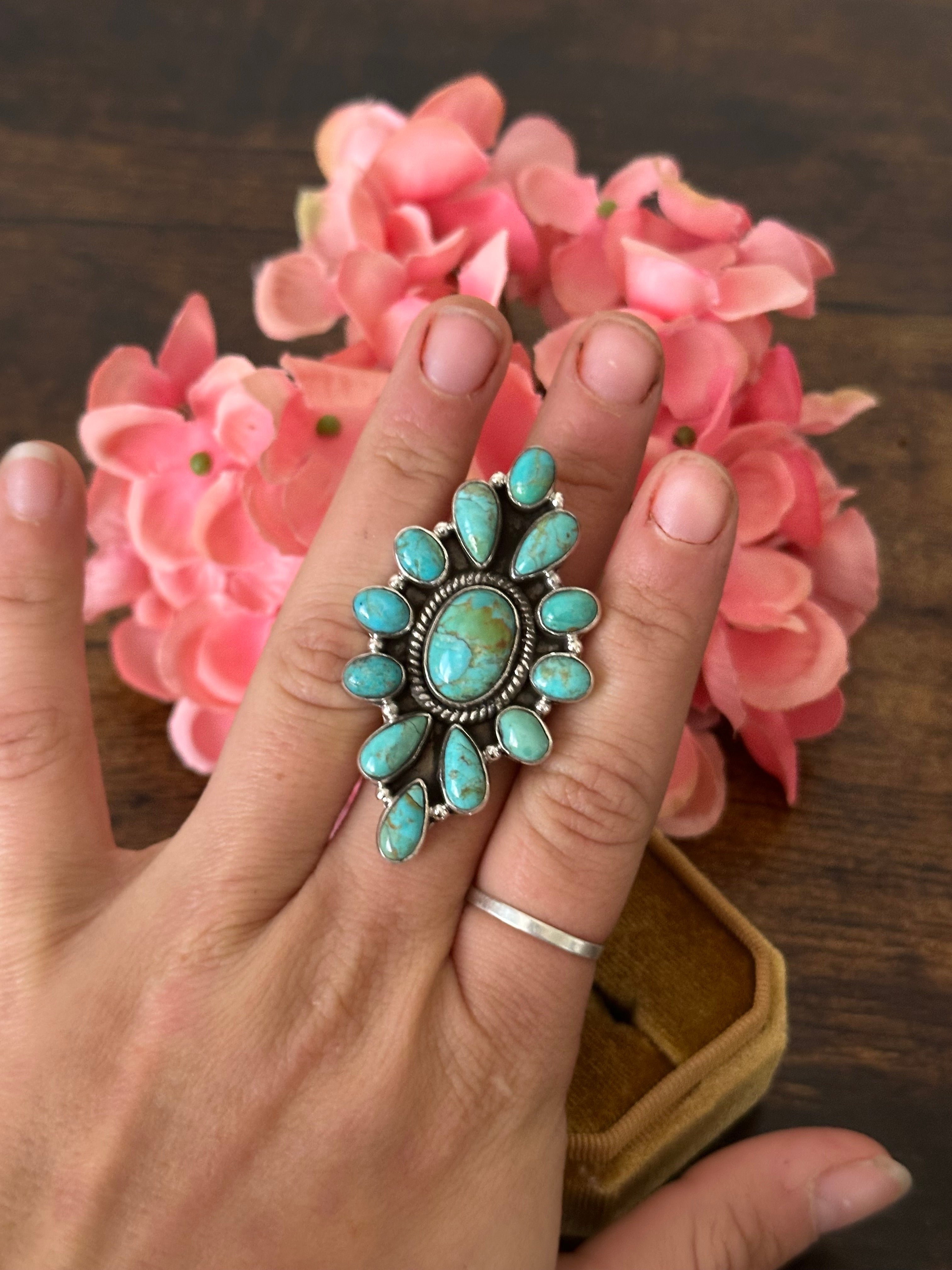 Southwest Handmade Kingman Turquoise & Sterling Silver Cluster Adjustable Ring