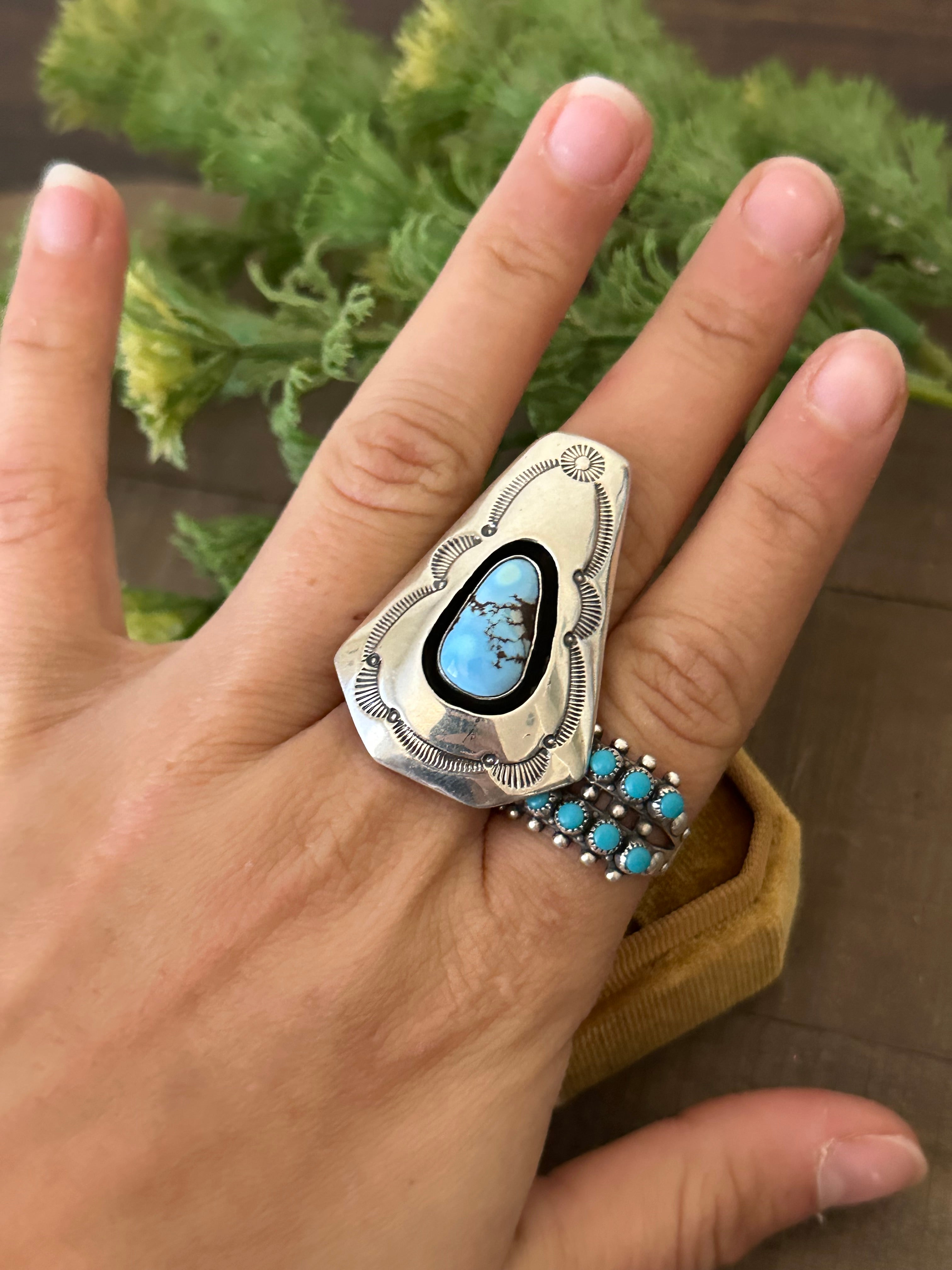 P Begay Golden Hills Turquoise & Sterling Silver Ring Size 8.5