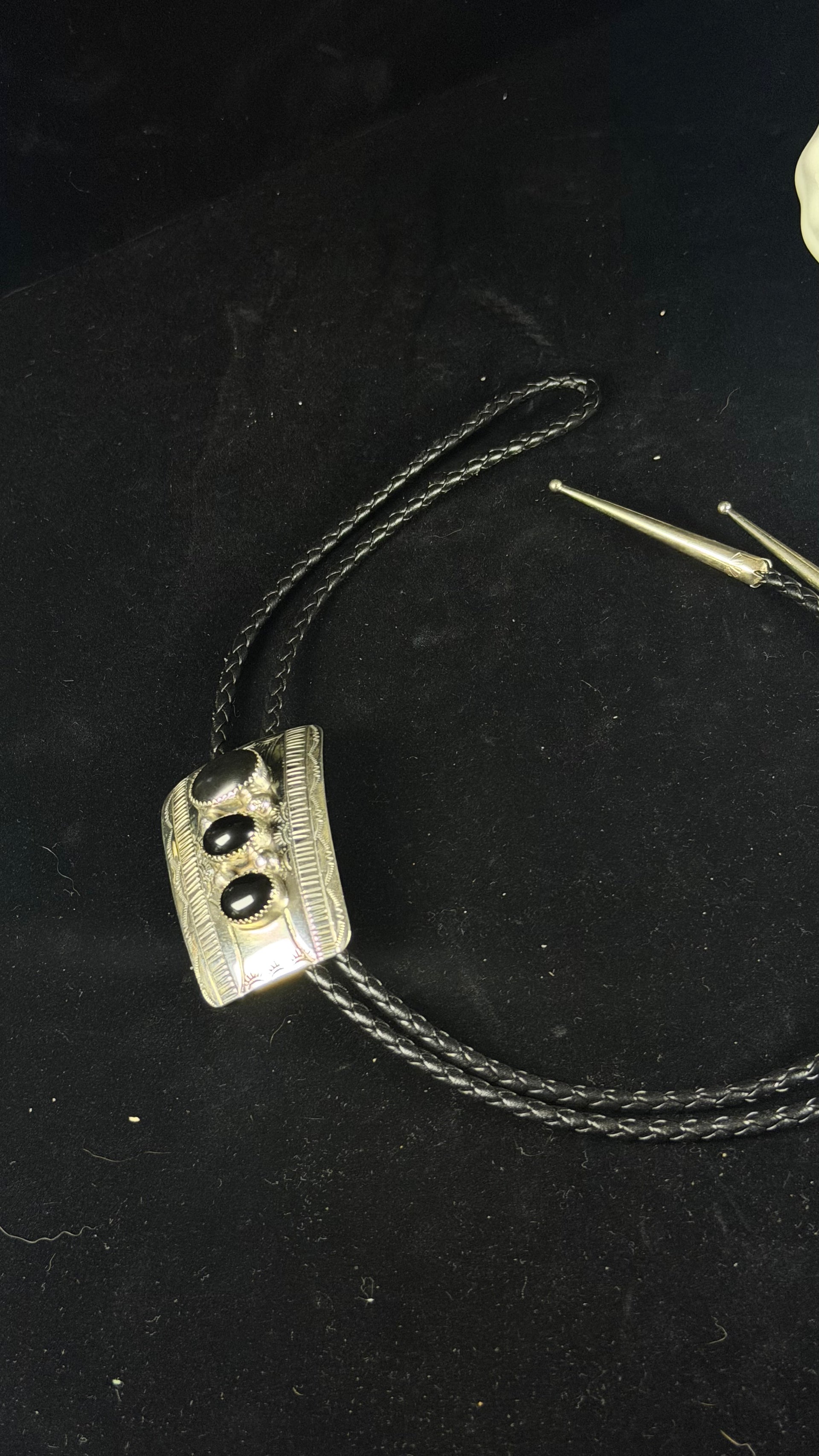 Navajo Made Onyx & Sterling Silver Bolo Tie