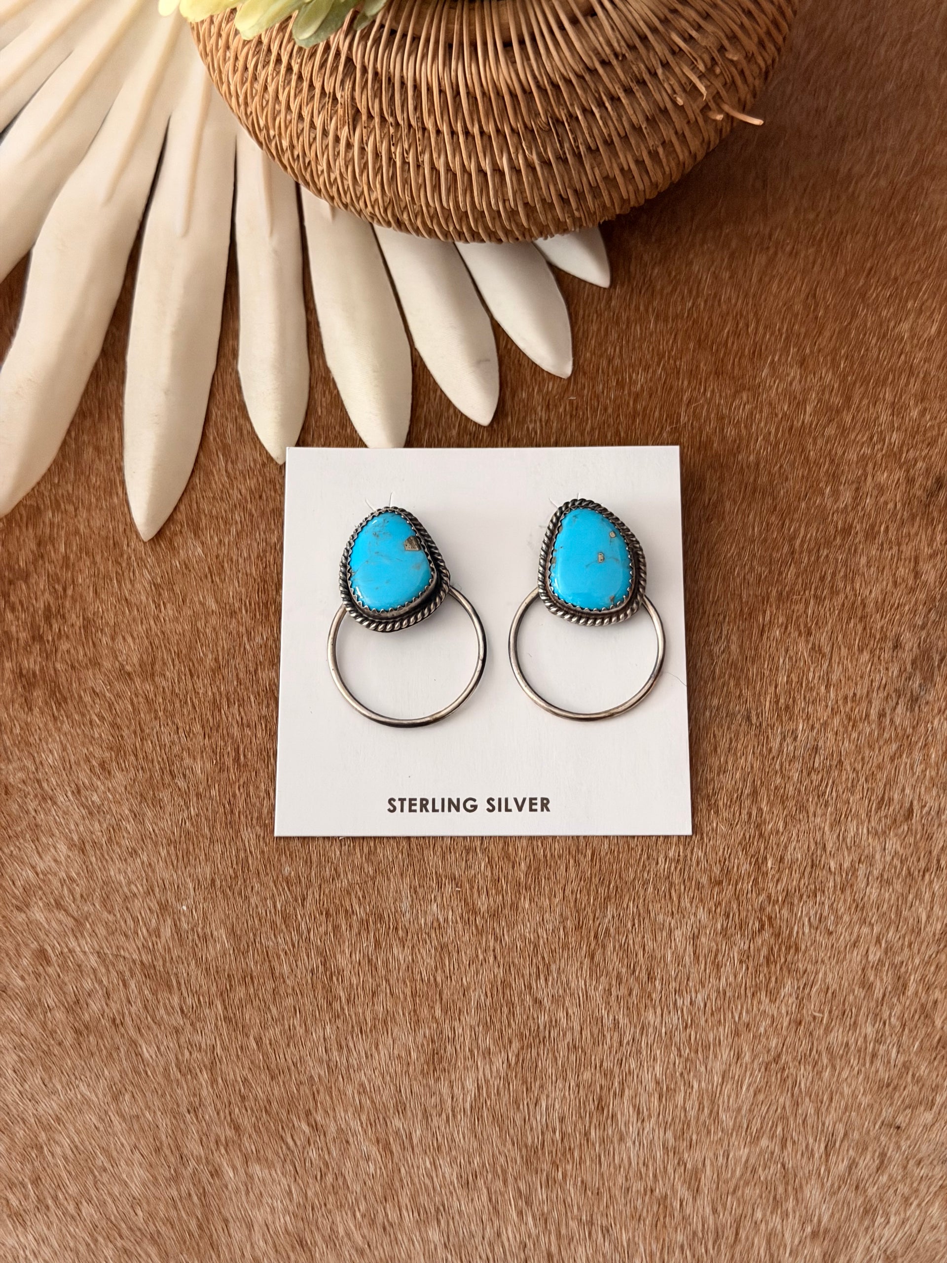 Navajo Made Kingman Turquoise & Sterling Silver Post Dangle Earrings