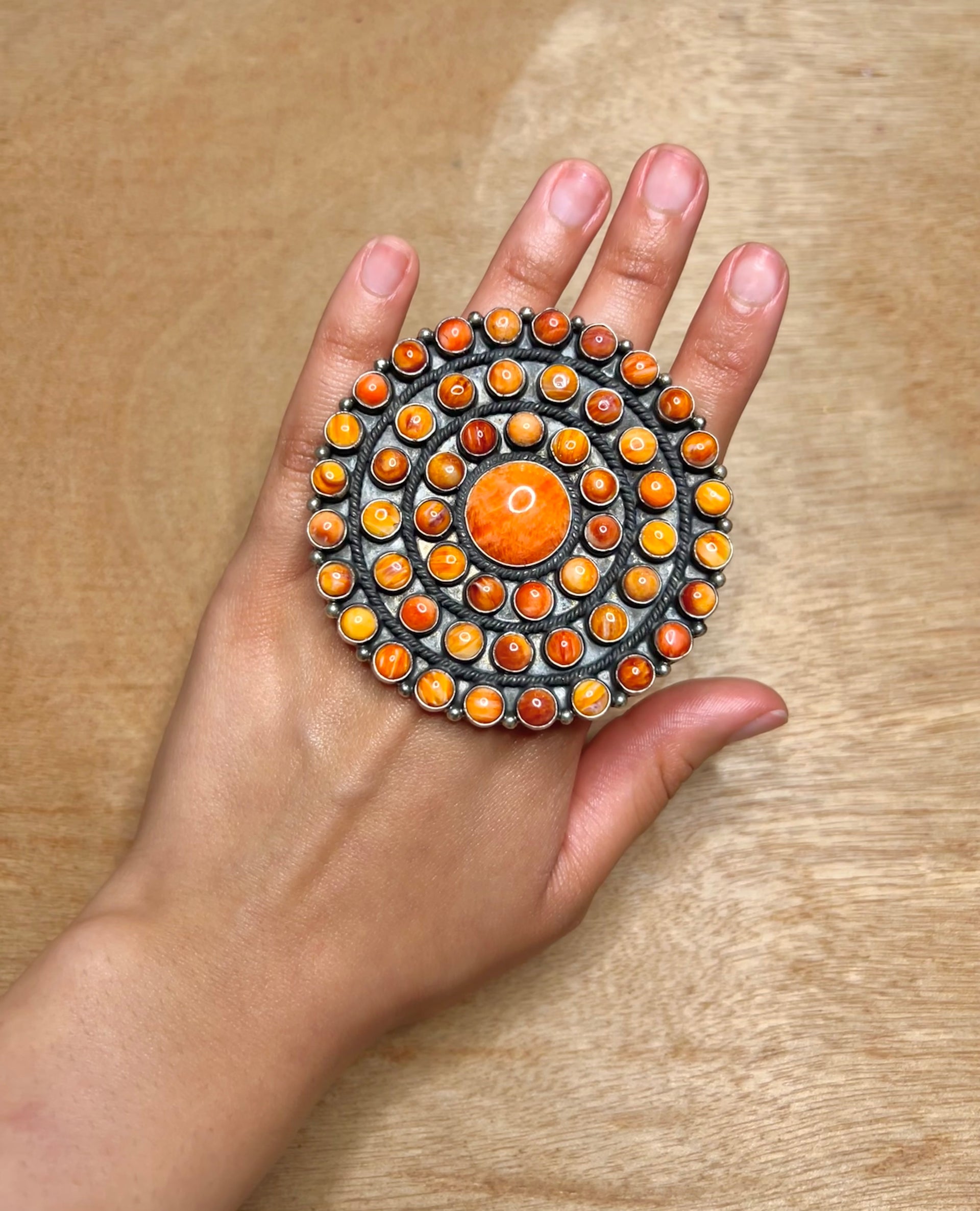 Dean Brown Spiny Oyster & Sterling Sliver Cluster Adjustable Ring