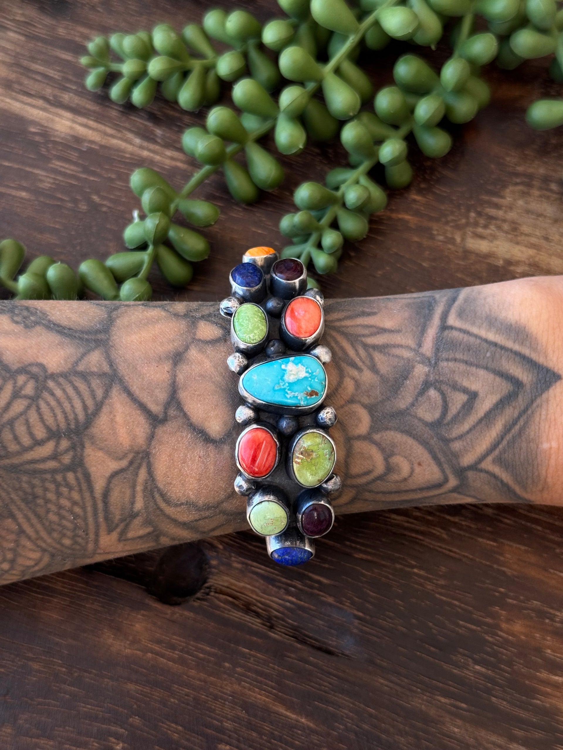 Danny Henio Multi Stone & Sterling Silver Cluster Cuff Bracelet