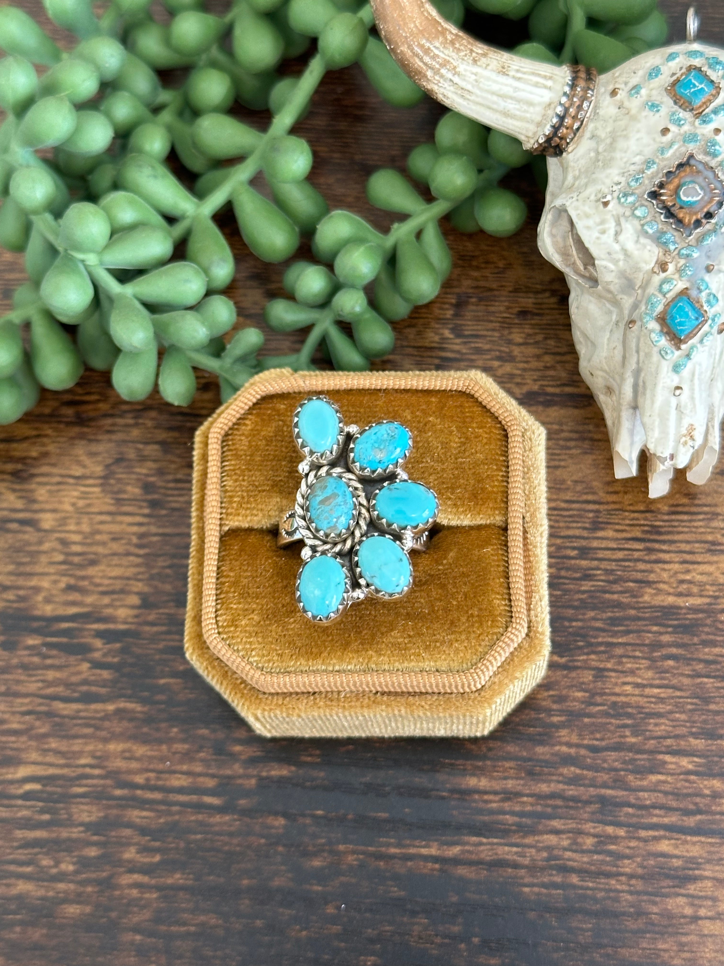 Southwest Handmade Kingman Turquoise & Sterling Silver Adjustable Cluster Ring