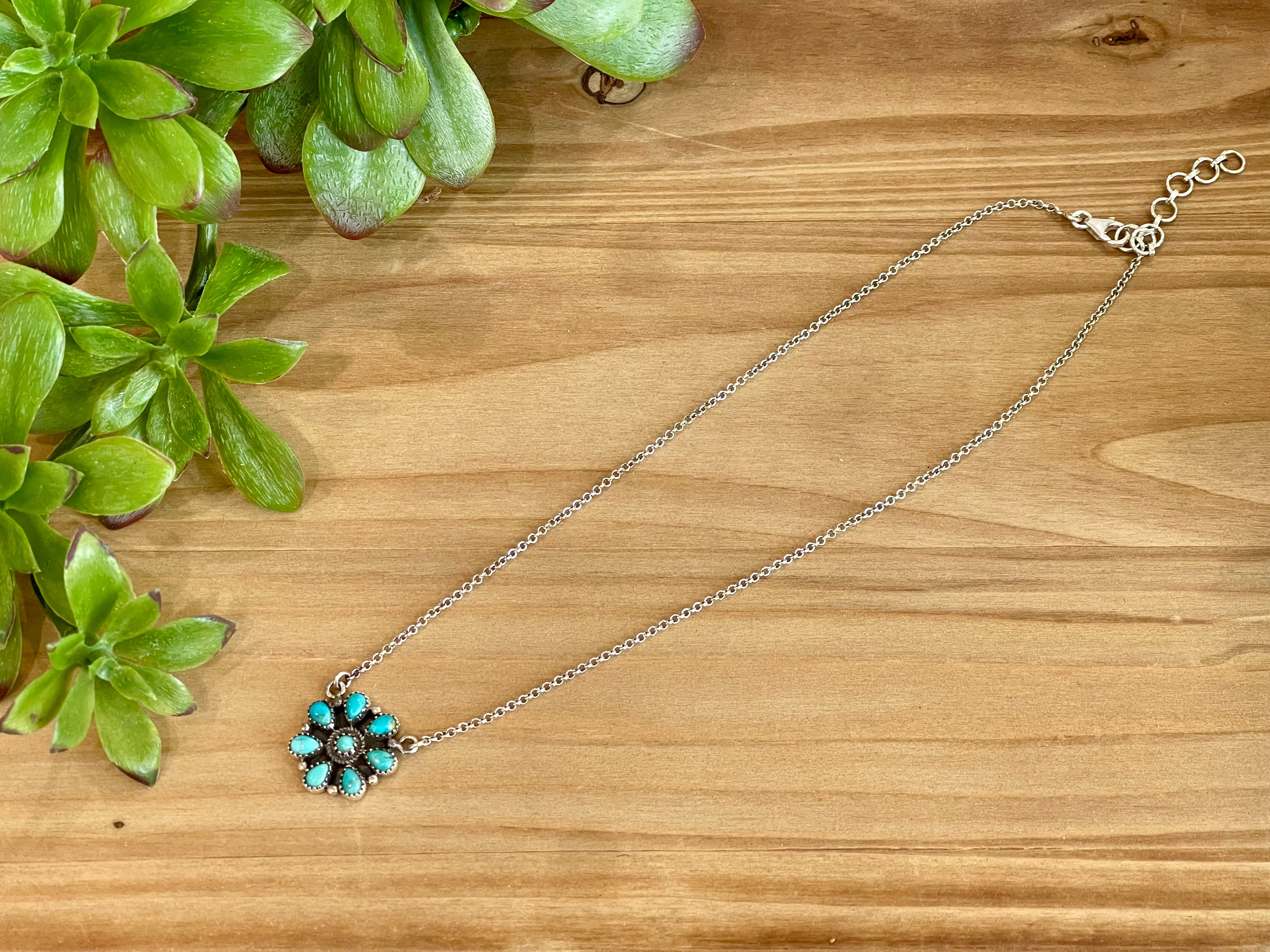 Southwest Handmade Kingman Turquoise & Sterling Silver Cluster Flower Necklace