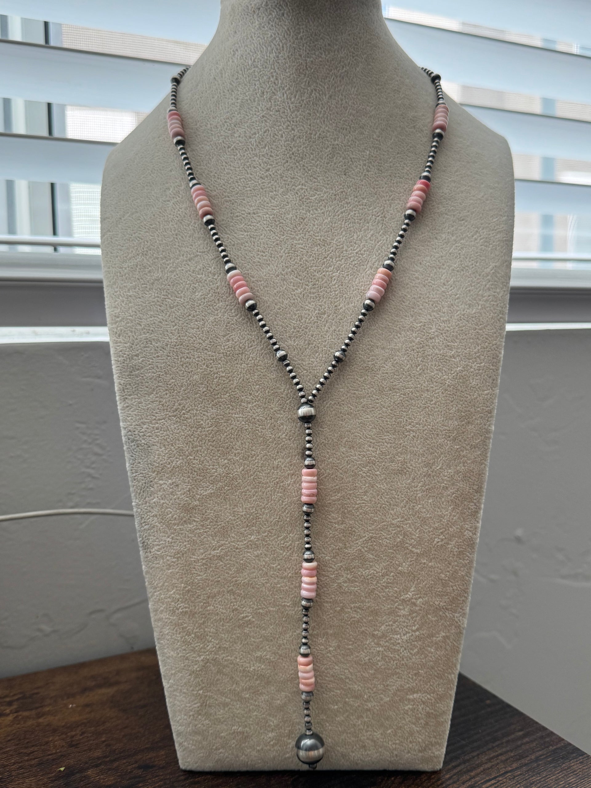 Navajo Strung Pink Conch & Sterling Silver Pearls Beaded Lariat Necklace