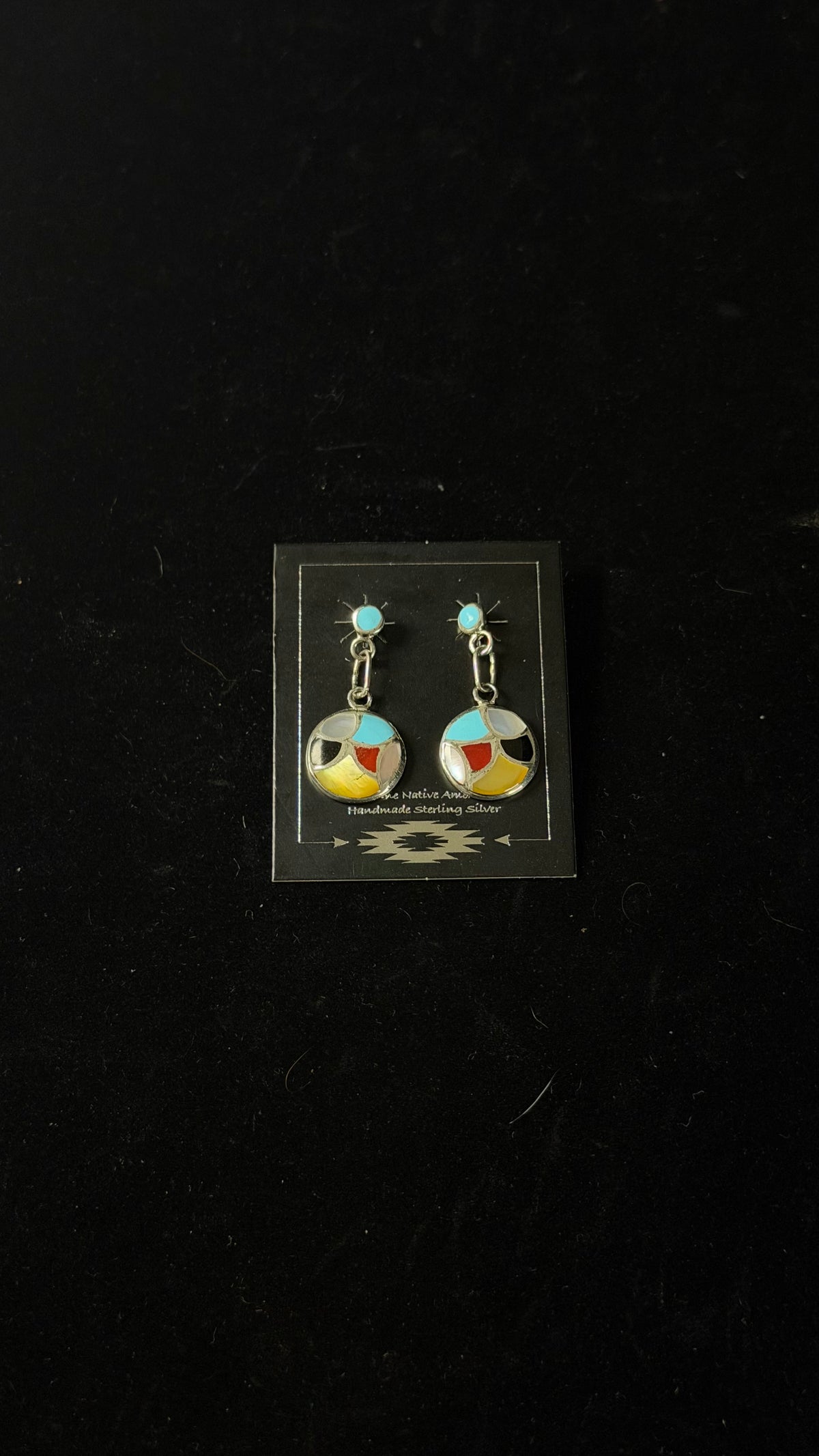 Zuni Made Multi Stone & Sterling Silver Post Dangle Inlay Earrings