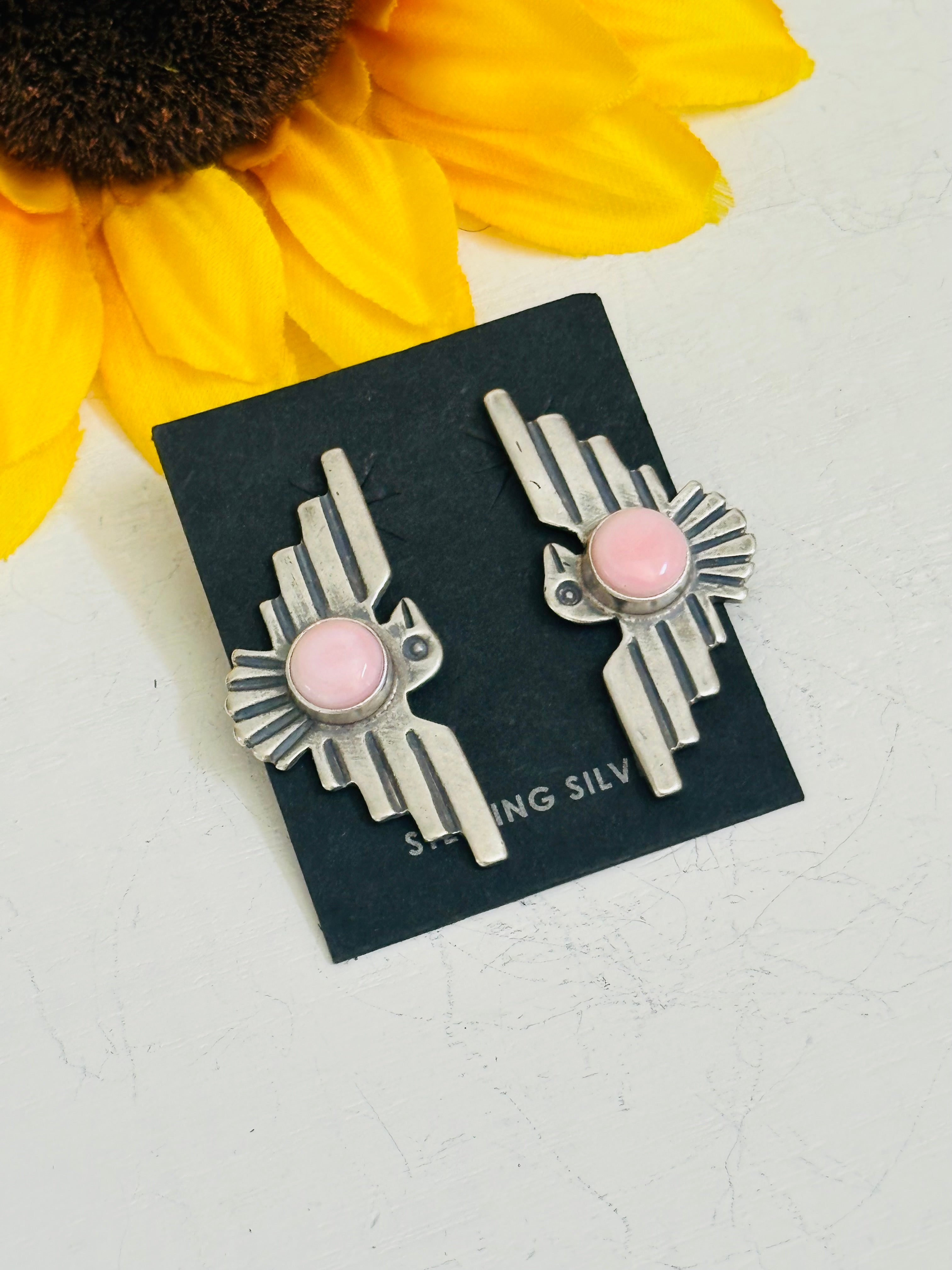 Navajo Handmade Pink Conch & Sterling Silver Post Thunderbird Earrings